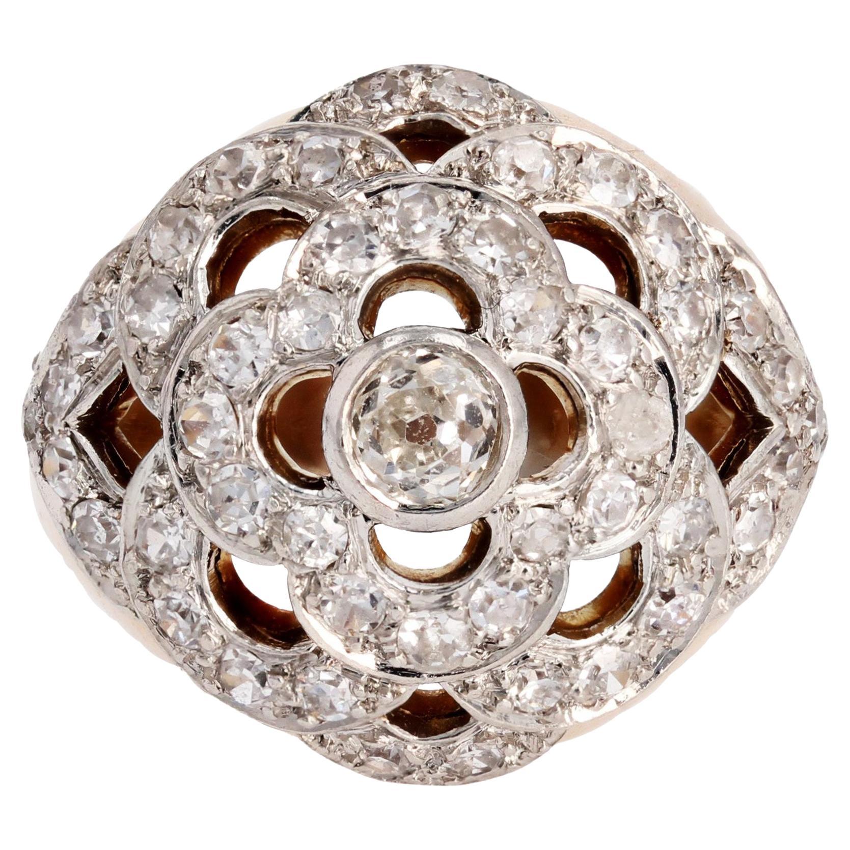 French 1950s Diamonds 18 Karat Yellow Gold Platinum Openwork Flower Pattern Ring
