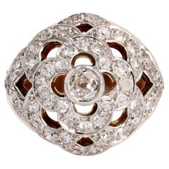 Vintage French 1950s Diamonds 18 Karat Yellow Gold Platinum Openwork Flower Pattern Ring