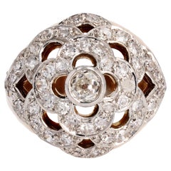flower cut diamond French 1950s Diamonds 18 Karat Yellow Gold Platinum Openwork Flower Pattern Ring