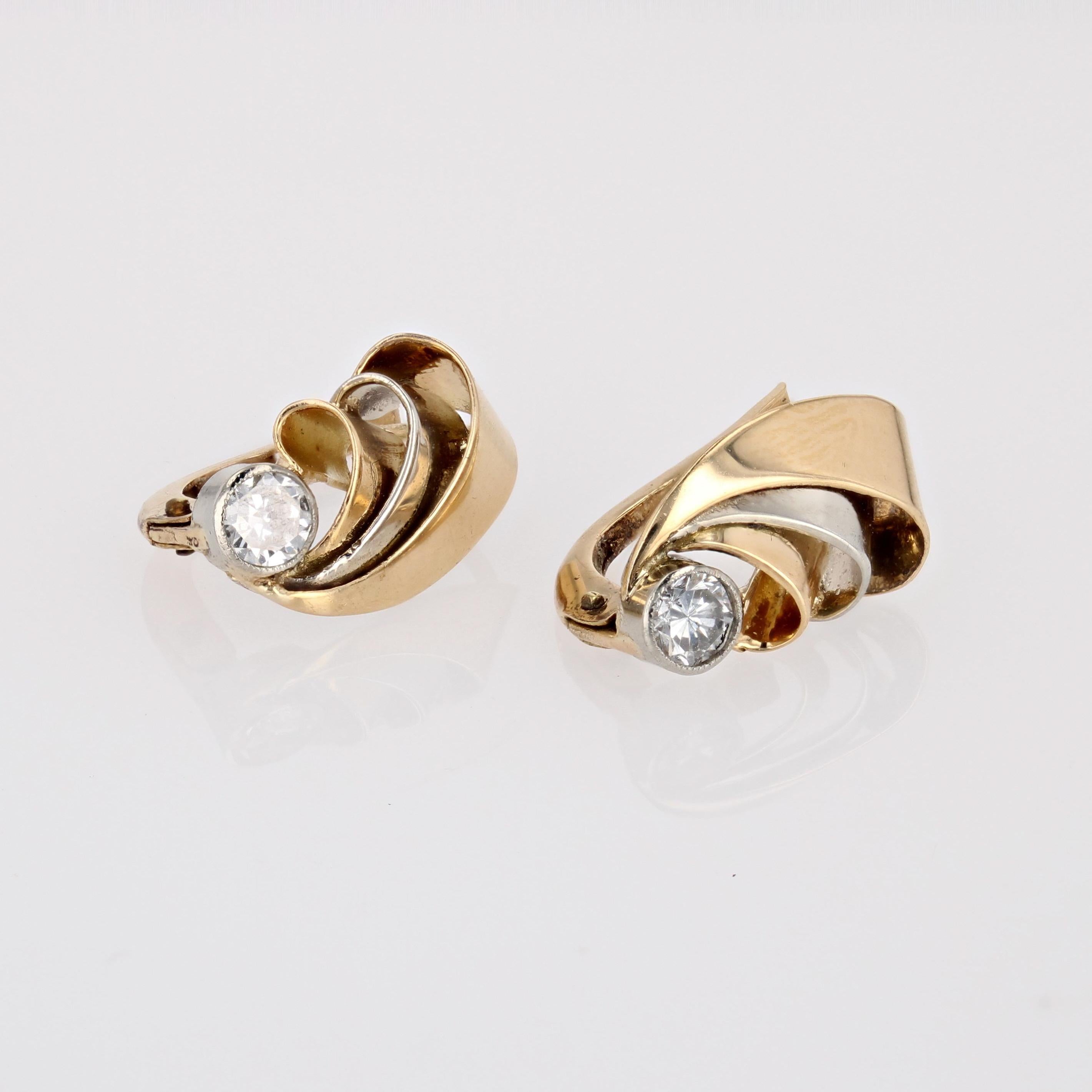 French 1950s Diamonds 18 Karat Yellow White Gold Ribbon Earrings For Sale 4