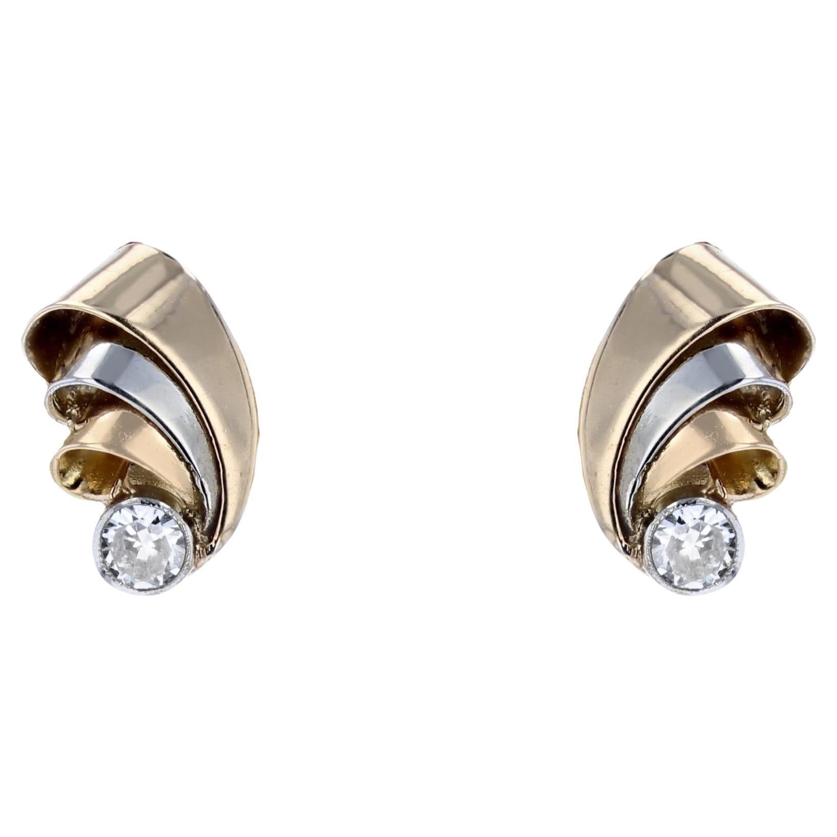 Boucles d'oreilles ruban en or jaune blanc 18 carats, diamants français des années 1950