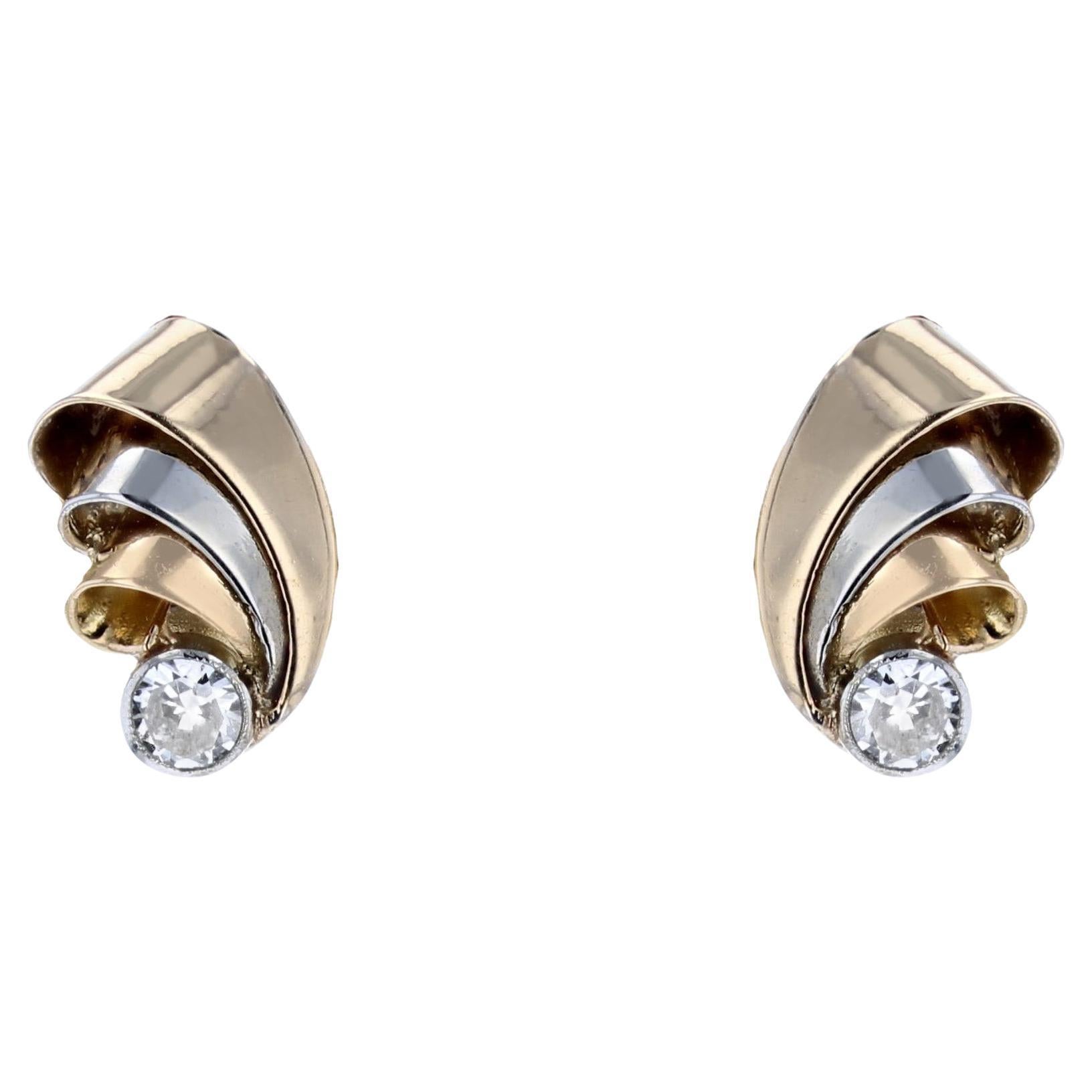 French 1950s Diamonds 18 Karat Yellow White Gold Ribbon Earrings
