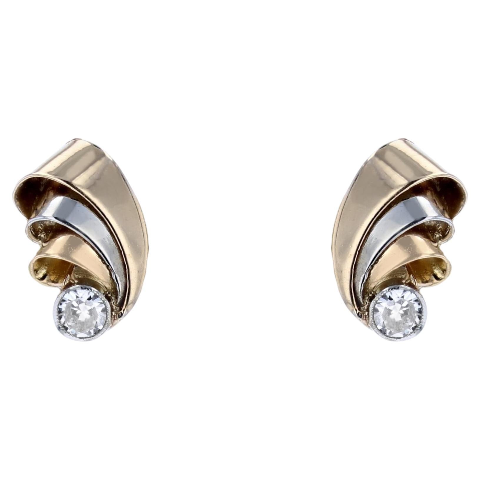 French 1950s Diamonds 18 Karat Yellow White Gold Ribbon Earrings