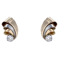 French 1950s Diamonds 18 Karat Yellow White Gold Ribbon Earrings