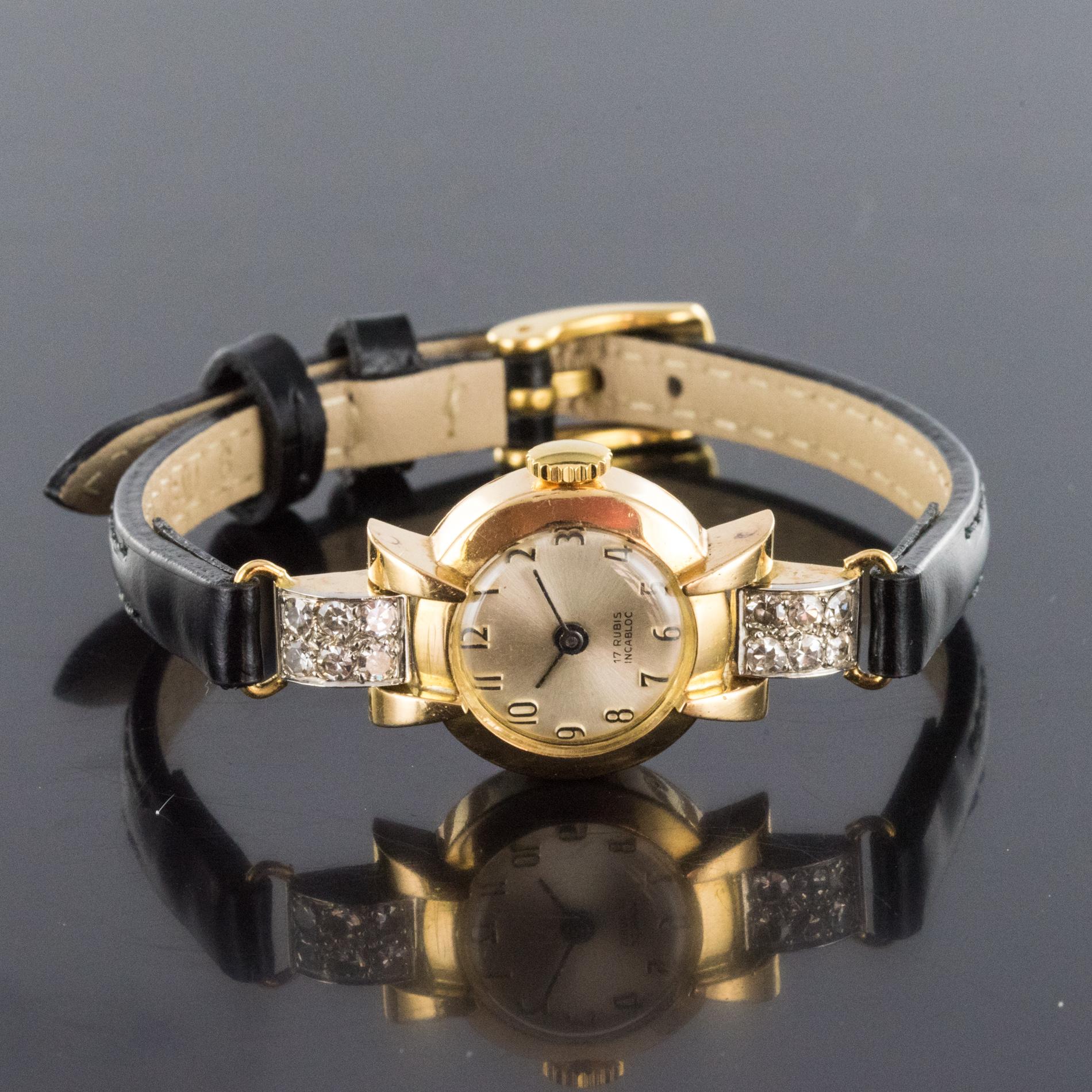Retro French 1950s Diamonds 18 Karat Yellow Gold Women Watch
