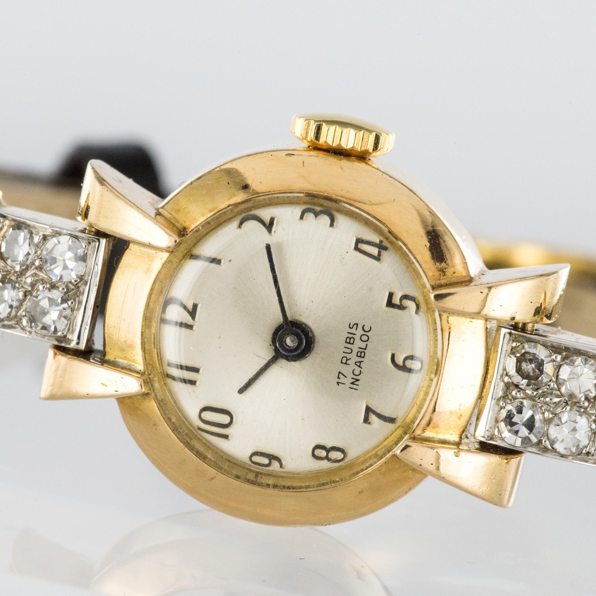 French 1950s Diamonds 18 Karat Yellow Gold Women Watch 1