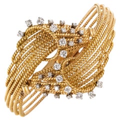 Vintage French 1950s Diamonds Platinum 18 Karat Yellow Gold Thread Bracelet