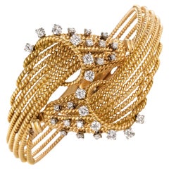 French 1950s Diamonds Platinum 18 Karat Yellow Gold Thread Bracelet