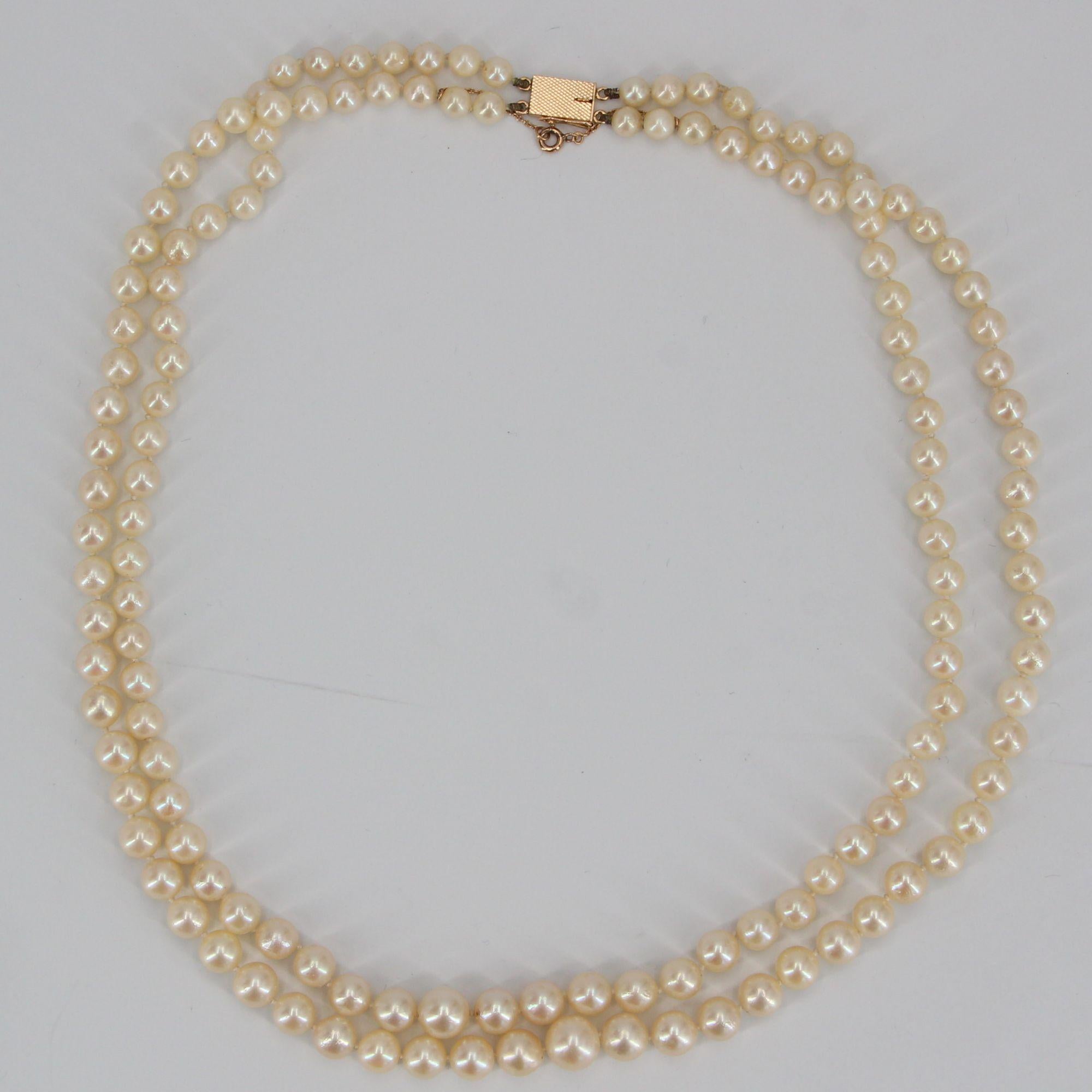 Retro French 1950s Double Row Cultured Falling Pearl Necklace