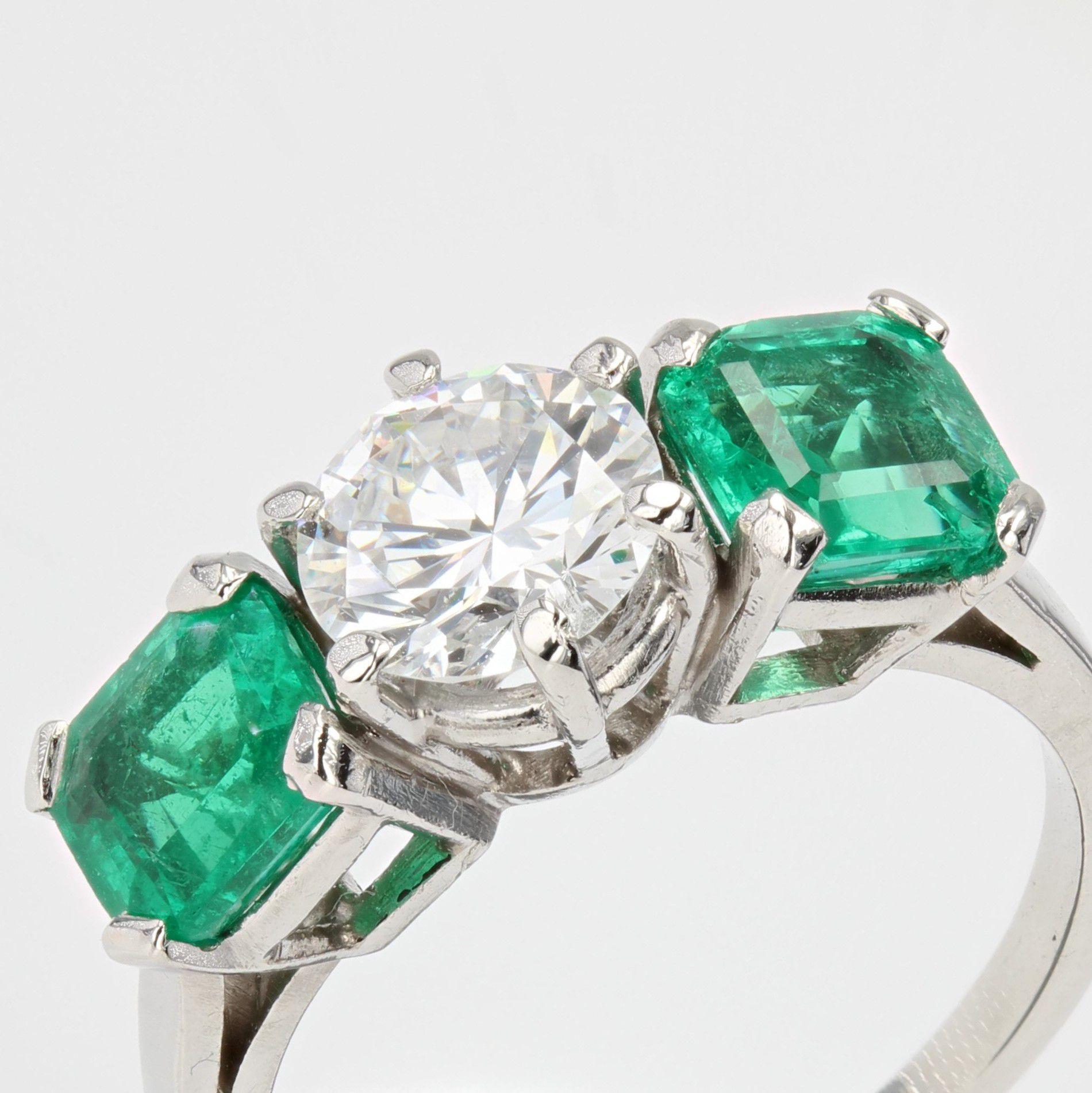 Retro French 1950s Emerald Duo Diamond Platinum Ring