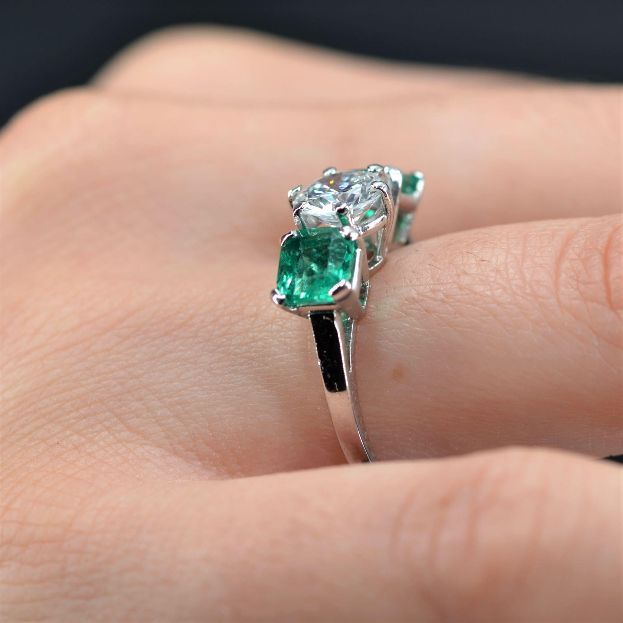 Brilliant Cut French 1950s Emerald Duo Diamond Platinum Ring