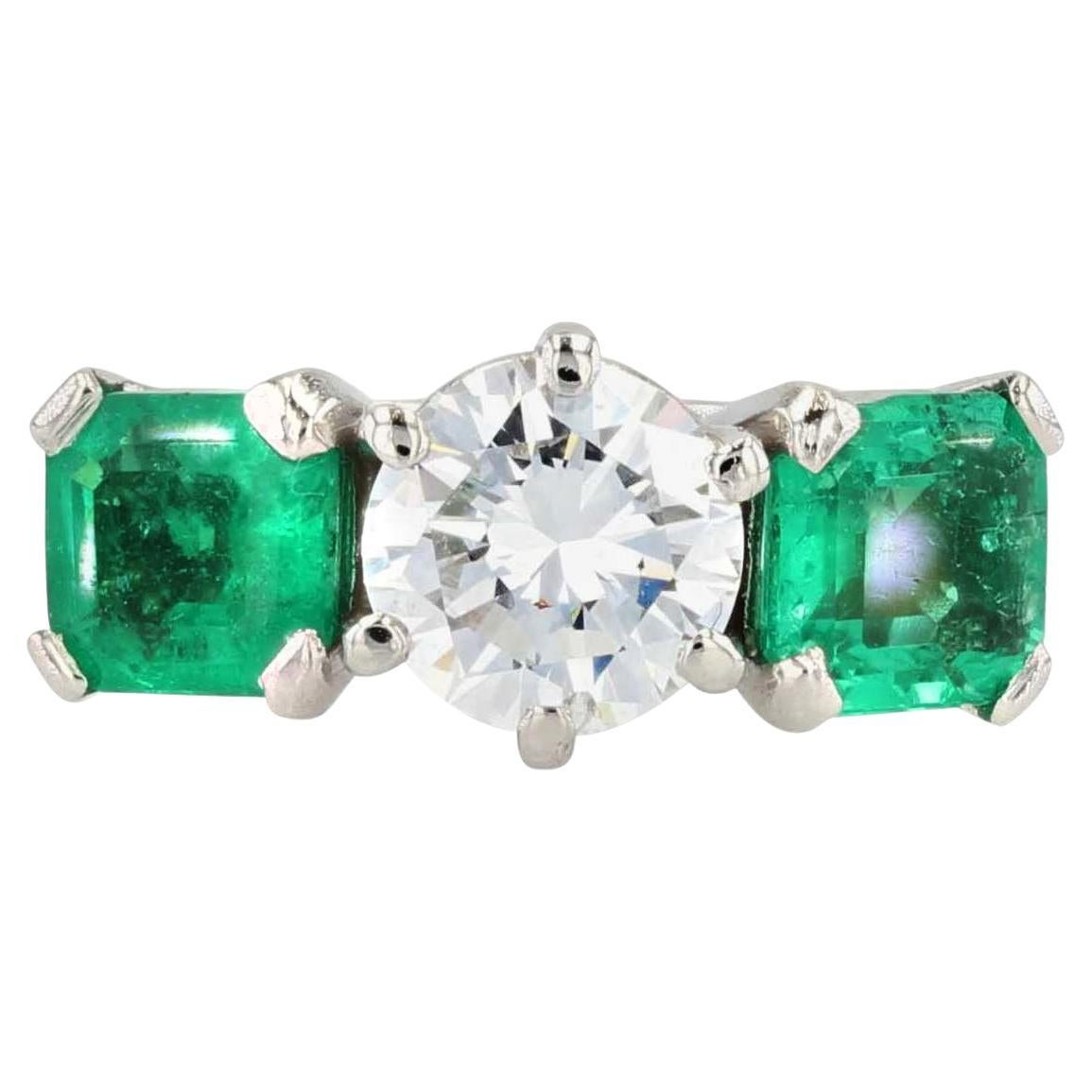 French 1950s Emerald Duo Diamond Platinum Ring