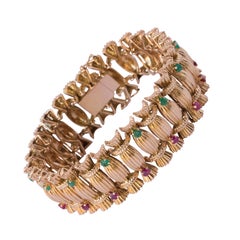 French 1950s Emerald Ruby 18 Carat Gold Bracelet