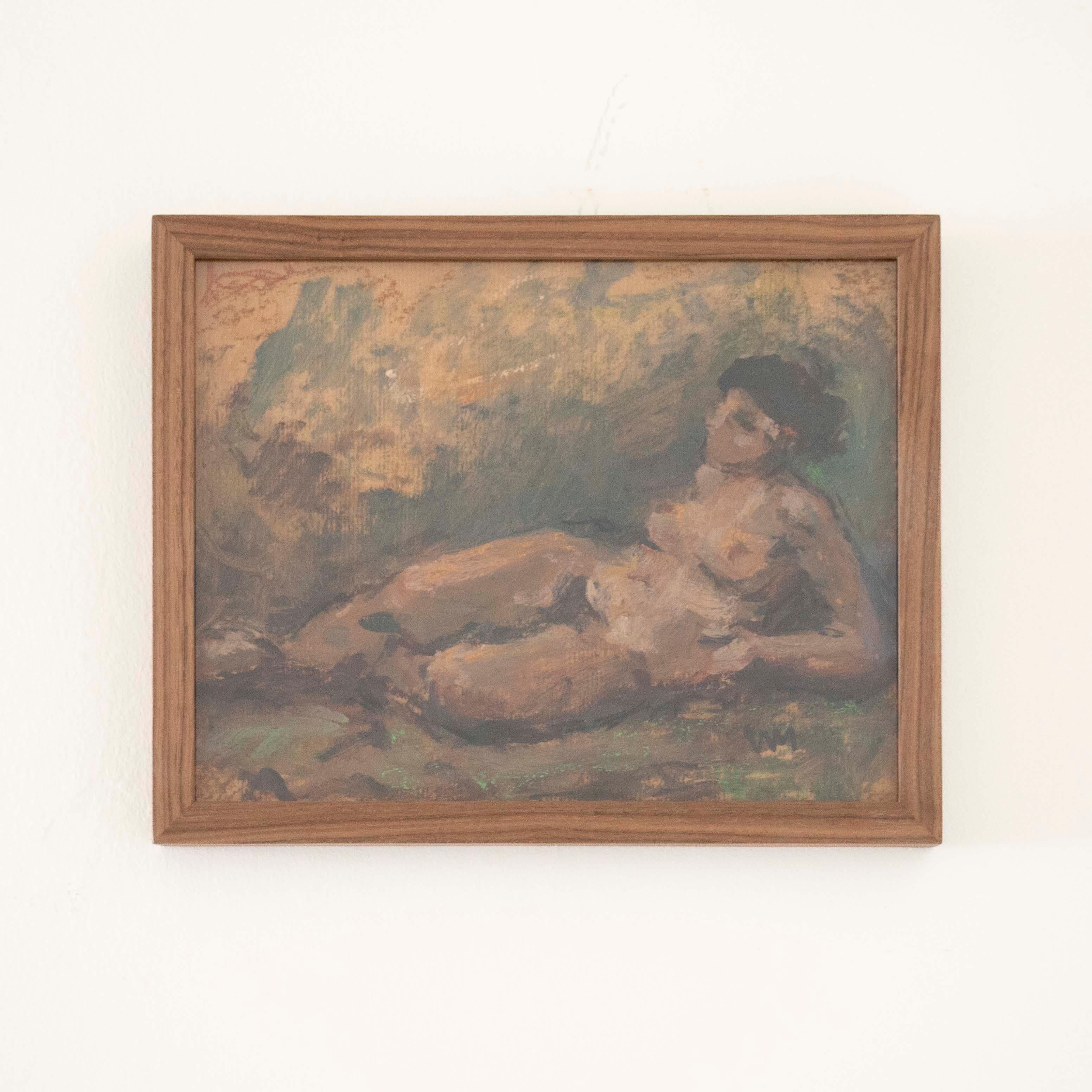Beautiful oil painting on paper of nude woman. Shades of green, yellow, and brown with great texture. Signed by artist in the lower right corner. Newly framed in a natural walnut wood frame with UV plexiglass. 