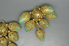 French 1950s Filigree Flower Drop Green Poured Glass Earrings