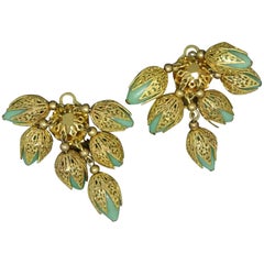 French 1950s Filigree Flower Drop Green Poured Glass Earrings