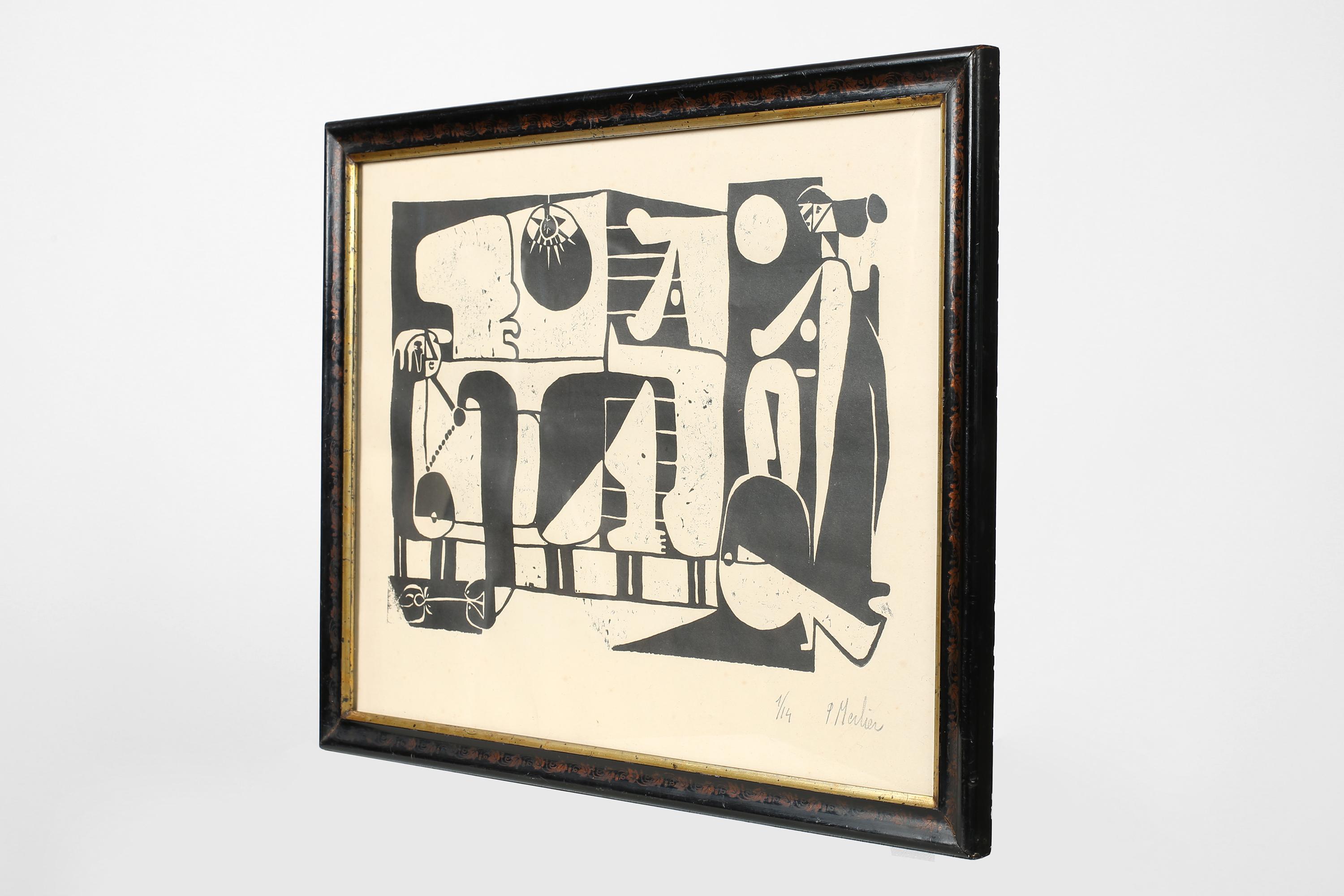 A monochromatic lithograph by sculptor Pierre Merlier (1931-2017) depicting an abstract/cubist composition with figures. Signed and dated by the artist. France, c. 1950s. 

Framed in a French Napoleon III black and gilt frame with subtle floral