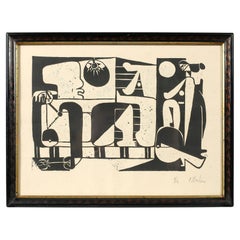 French 1950s Framed Abstract Cubist Lithograph by Pierre Merlier