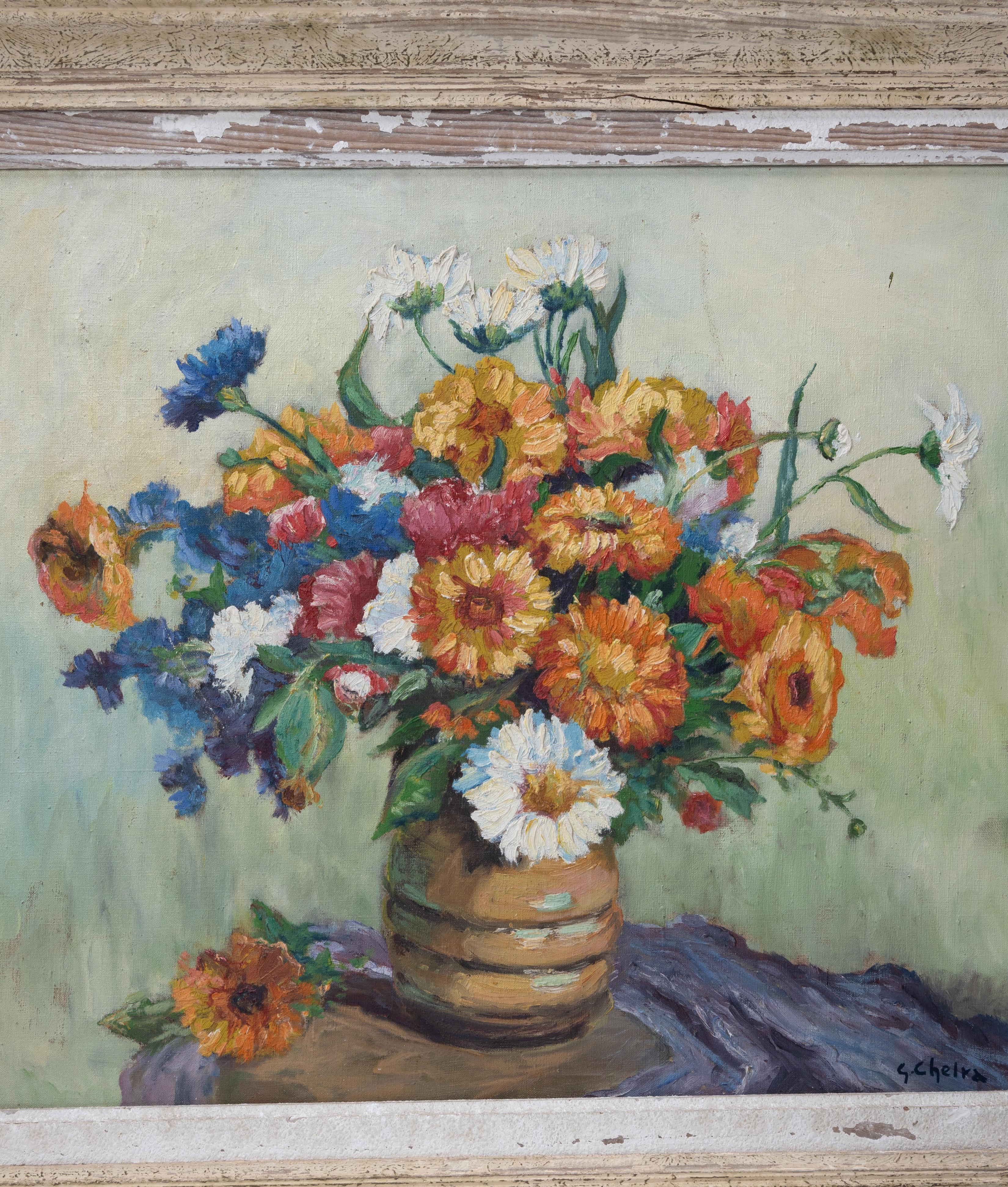 French 1950's Framed Oil On Canvas Still Life Of Flowers, Signed

Canvas in a painted distressed frame (please see photos).
In good condition commensurate of age (please refer to photos). Good vibrant colour.

Dimensions:
Picture:
53cm x
