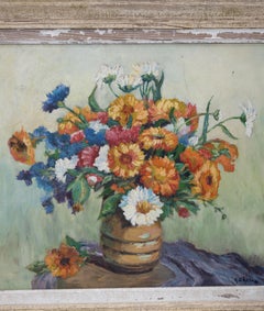 French 1950's Framed Oil On Canvas Still Life Of Flowers, Signed