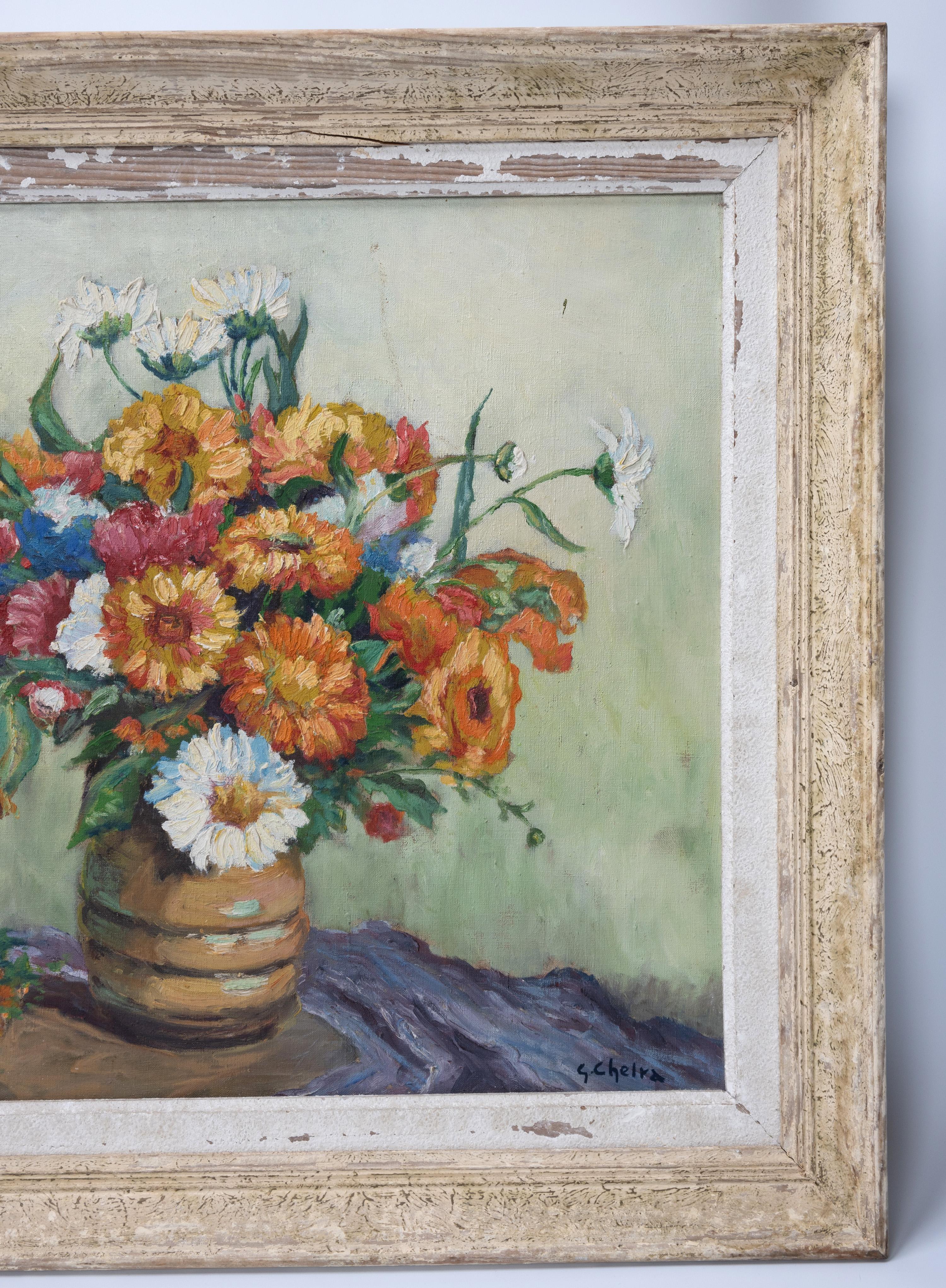 Painted French 1950's Framed Oil On Canvas Still Life Of Flowers, Signed For Sale