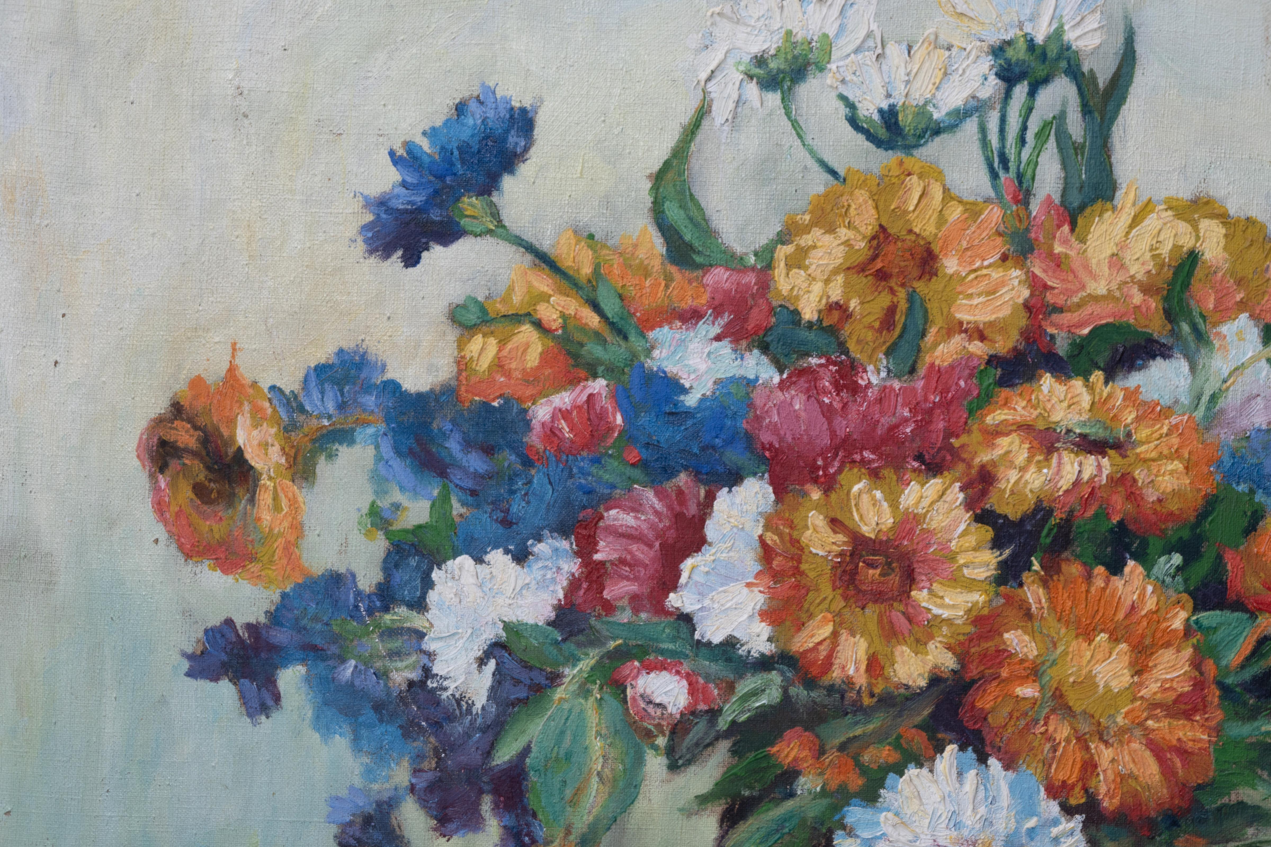 French 1950's Framed Oil On Canvas Still Life Of Flowers, Signed For Sale 2
