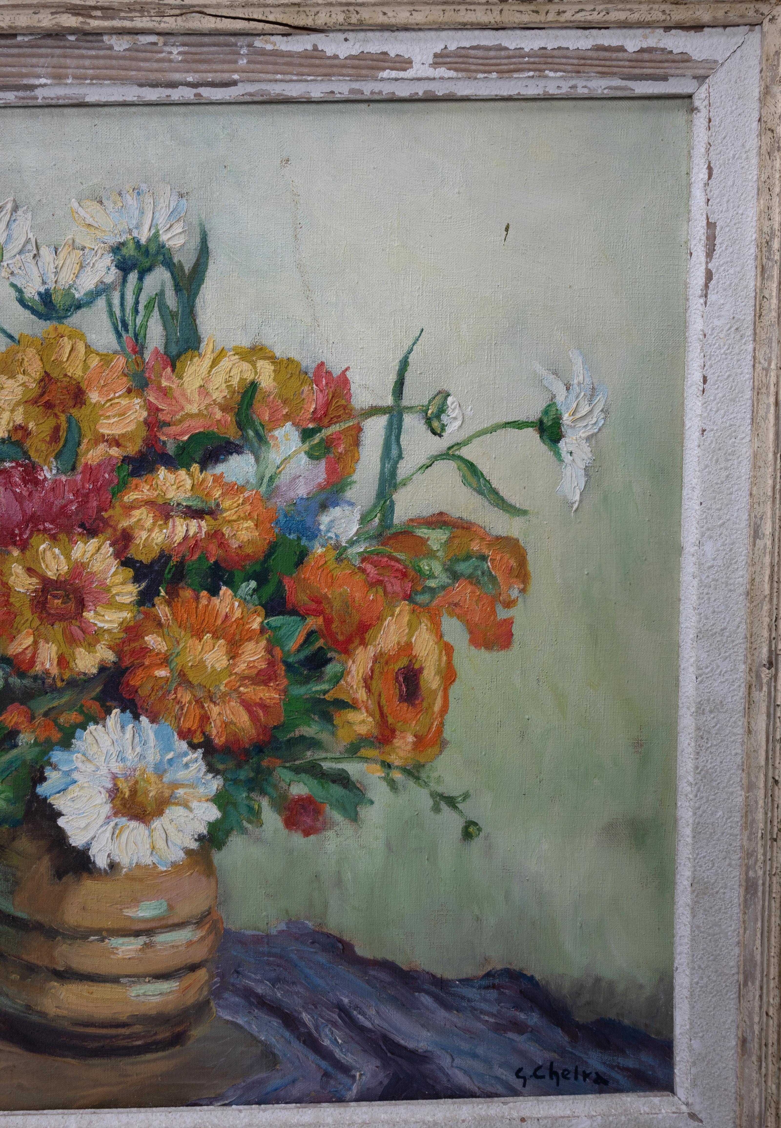 French 1950's Framed Oil On Canvas Still Life Of Flowers, Signed For Sale 3
