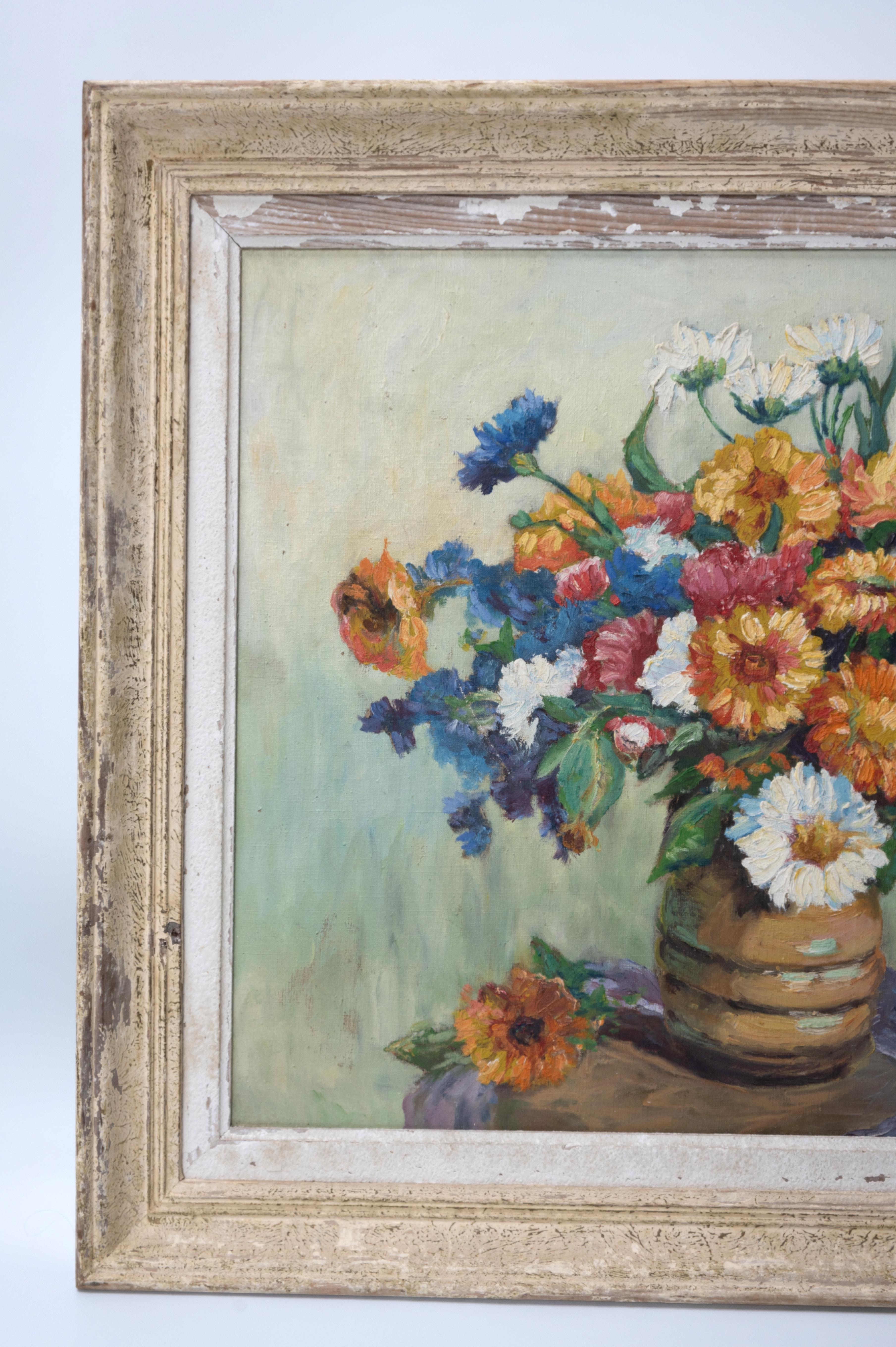 French 1950's Framed Oil On Canvas Still Life Of Flowers, Signed For Sale 4