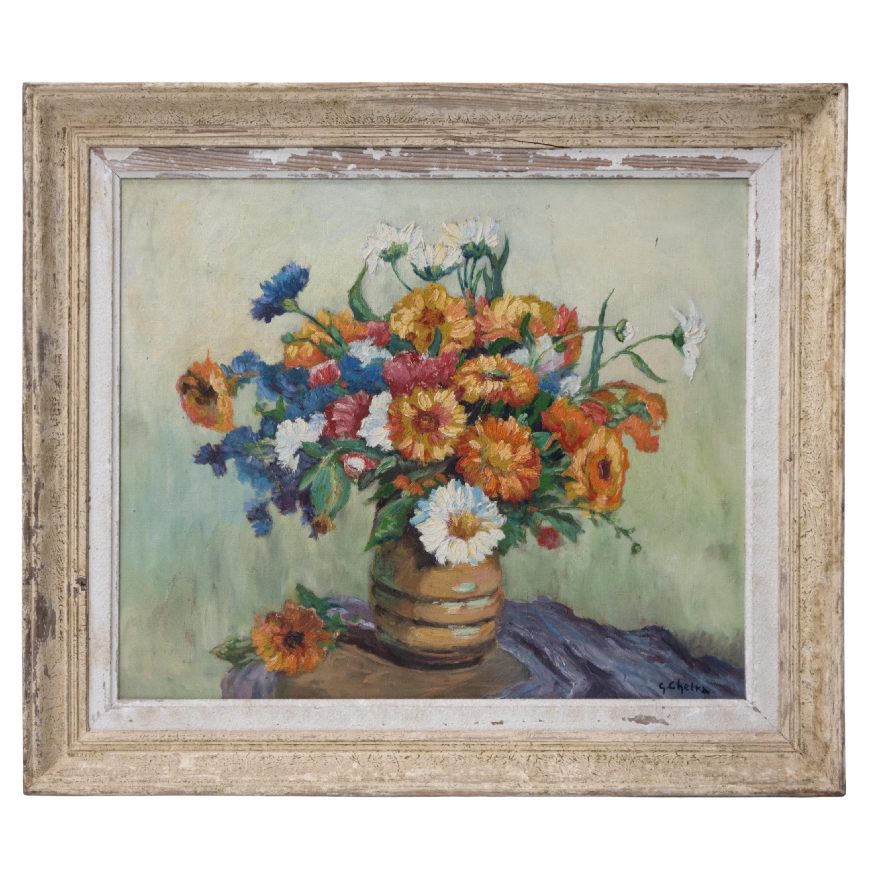 French 1950's Framed Oil On Canvas Still Life Of Flowers, Signed