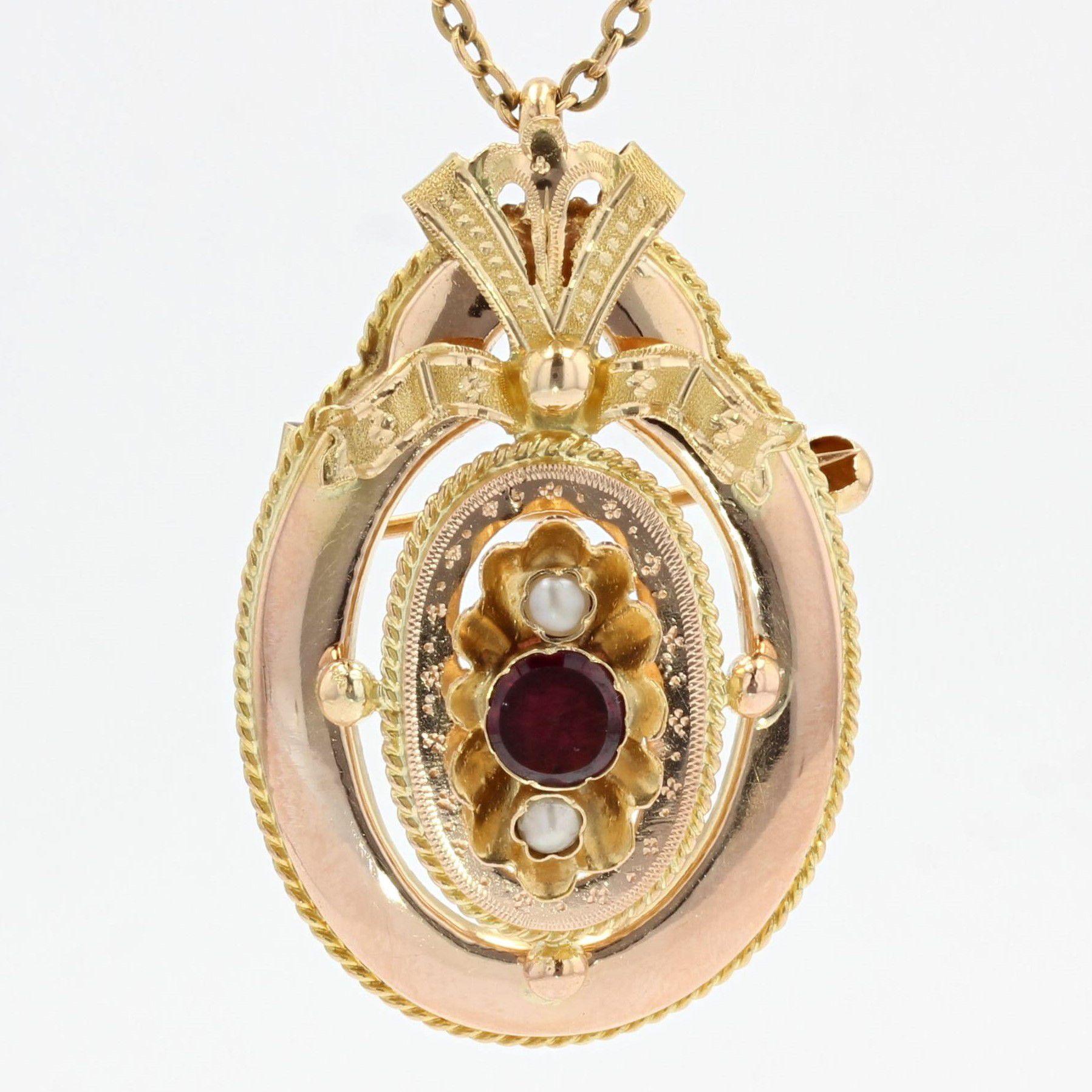 French 1950s Garnet Natural Pearl 18 Karat Yellow Gold Brooch Pendant For Sale 3