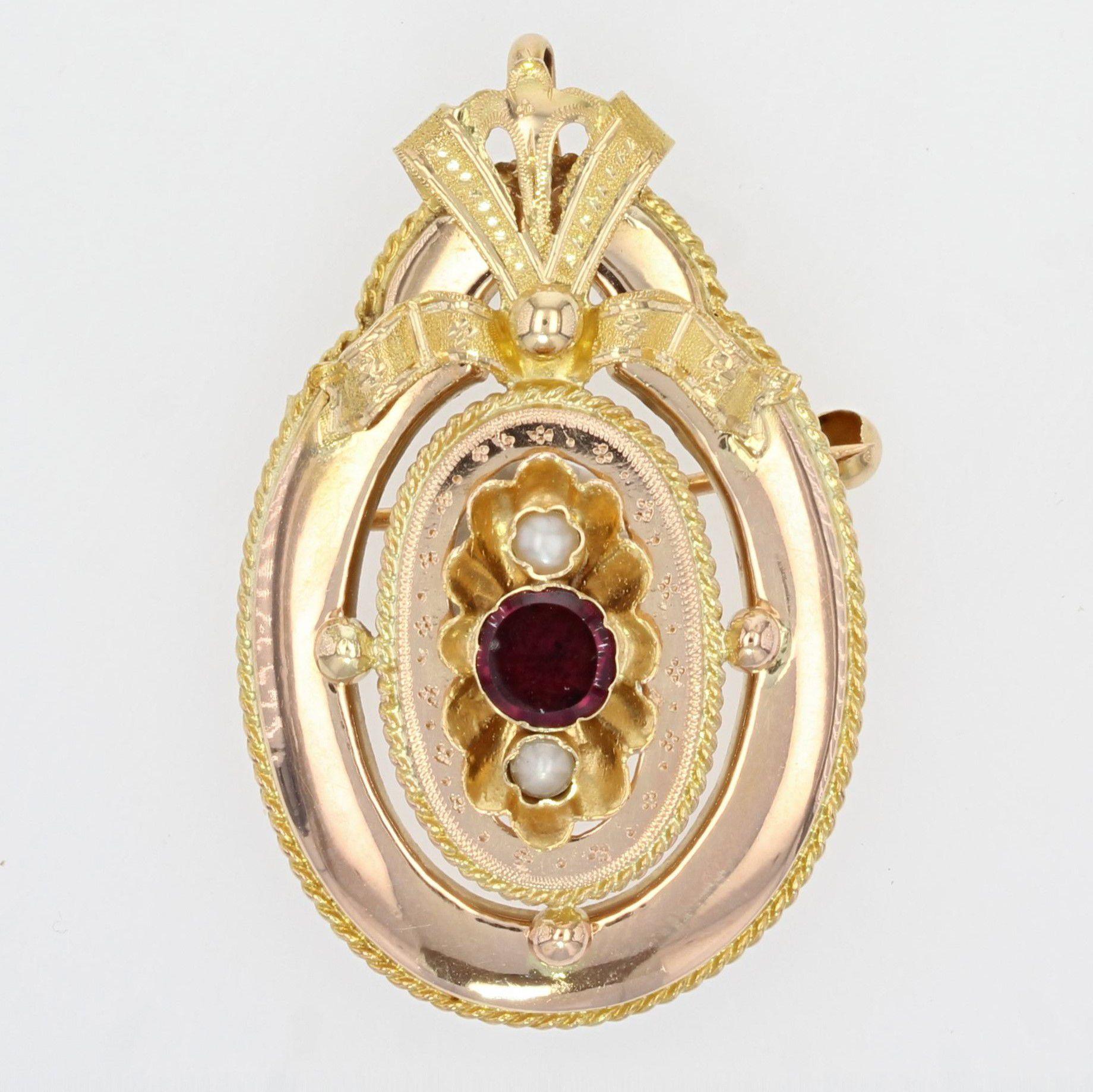 French 1950s Garnet Natural Pearl 18 Karat Yellow Gold Brooch Pendant For Sale 5