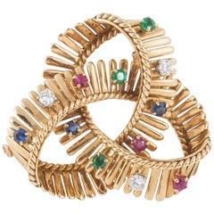 French 1950s Gem Set Gold Ribbon Brooch French 1950s Gem Set Gold Ribbon Brooch