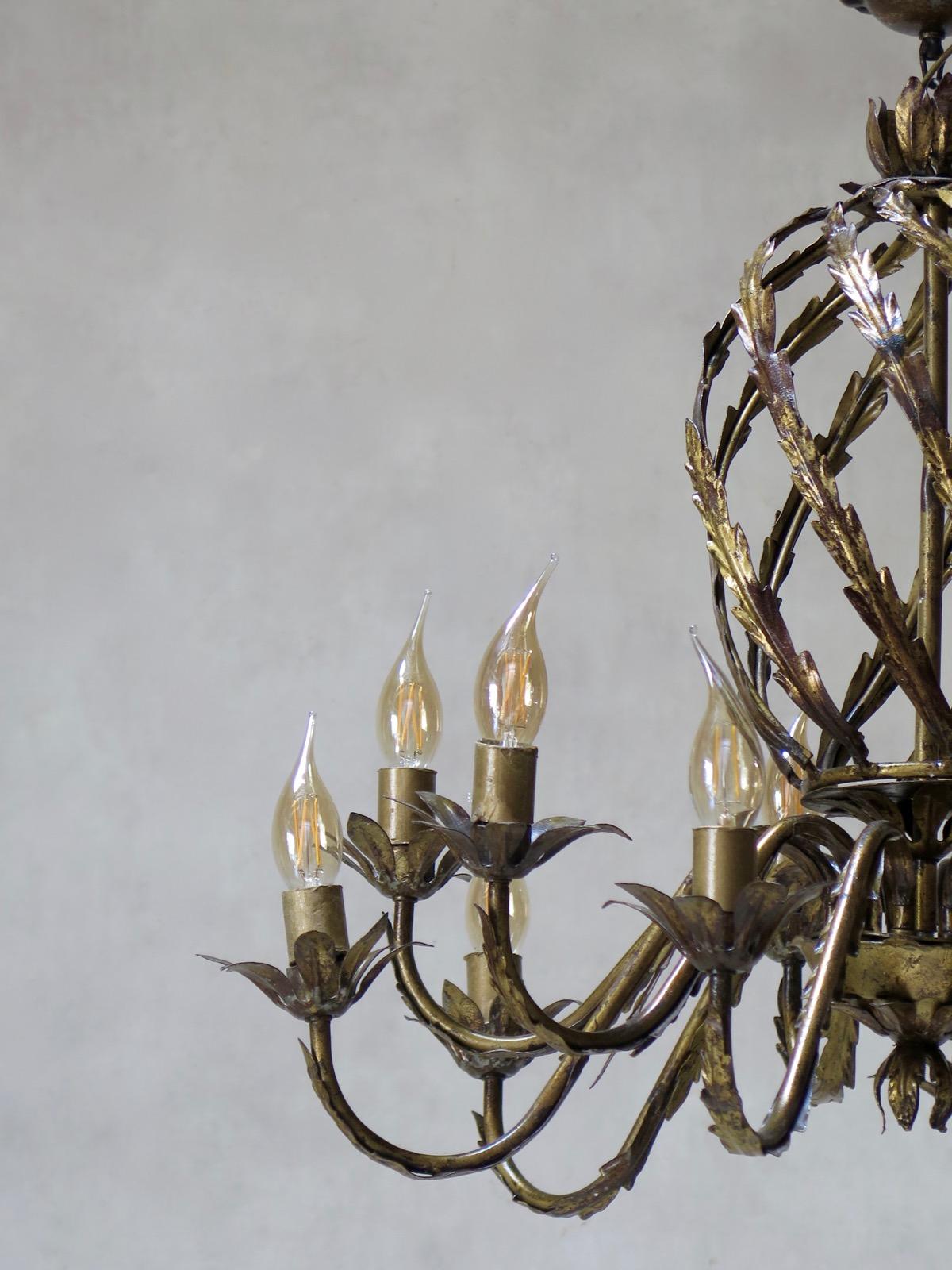 Mid-Century Modern French 1950s Gilt Iron Chandelier For Sale