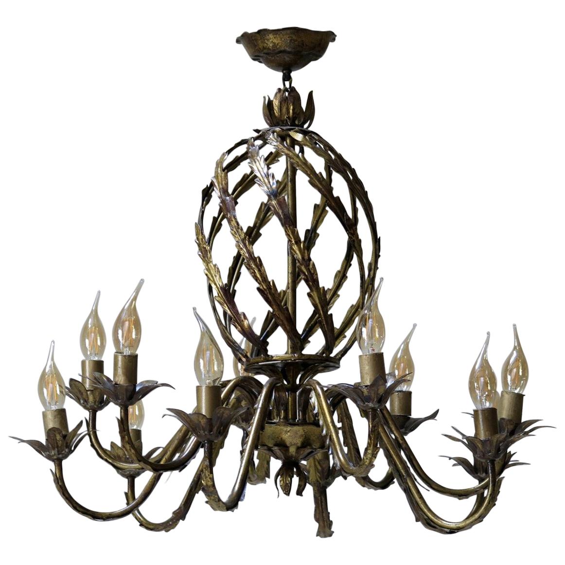 French 1950s Gilt Iron Chandelier For Sale