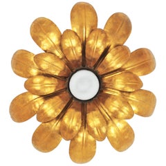 Spanish 1950s Gilt Metal And Milk Glass Floral Sunburst Light
