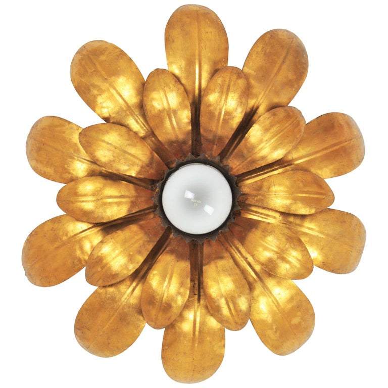 French 1950s Gilt Iron Flower Shaped Sunburst Ceiling Flush Mount French 1950s Gilt Iron Flower Shaped Sunburst Ceiling Flush Mount Light Fixture For