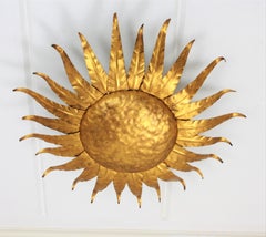 French 1950s Gilt Iron Sunburst Ceiling or Wall Light Fixture