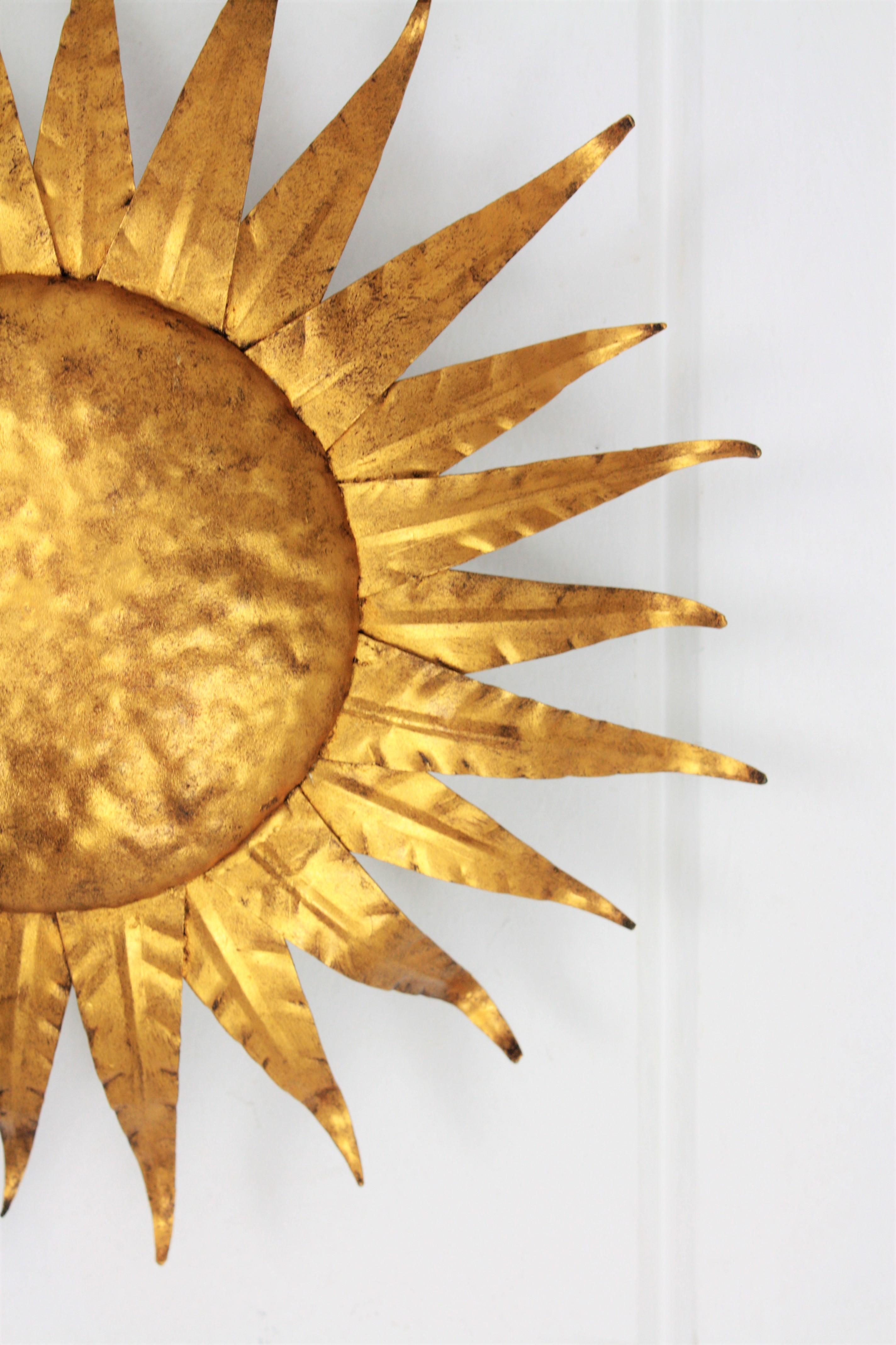 Gold Leaf French 1950s Gilt Iron Sunburst Ceiling or Wall Light Fixture