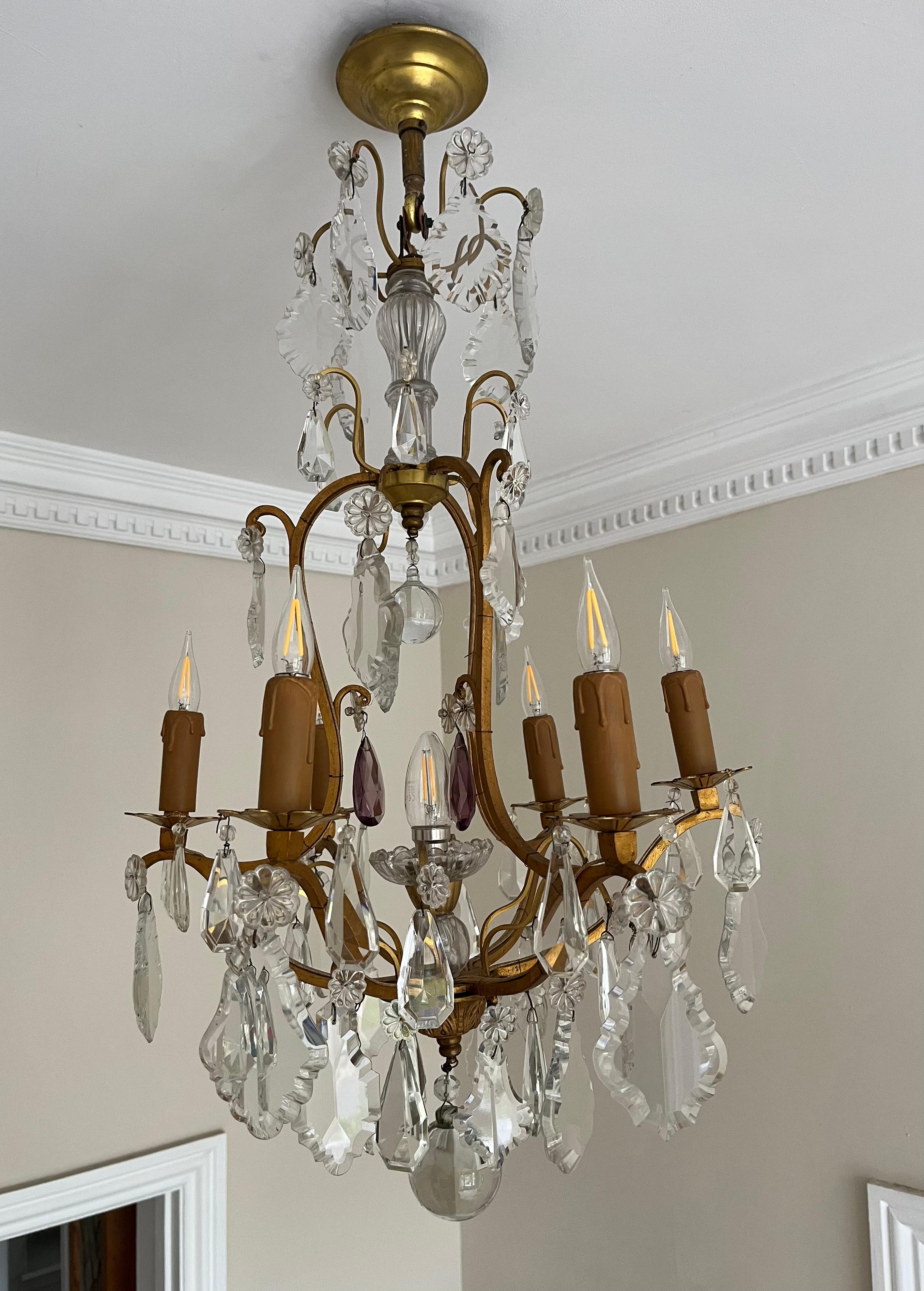 Neoclassical French 1950’s gilt metal and glass chandelier  For Sale