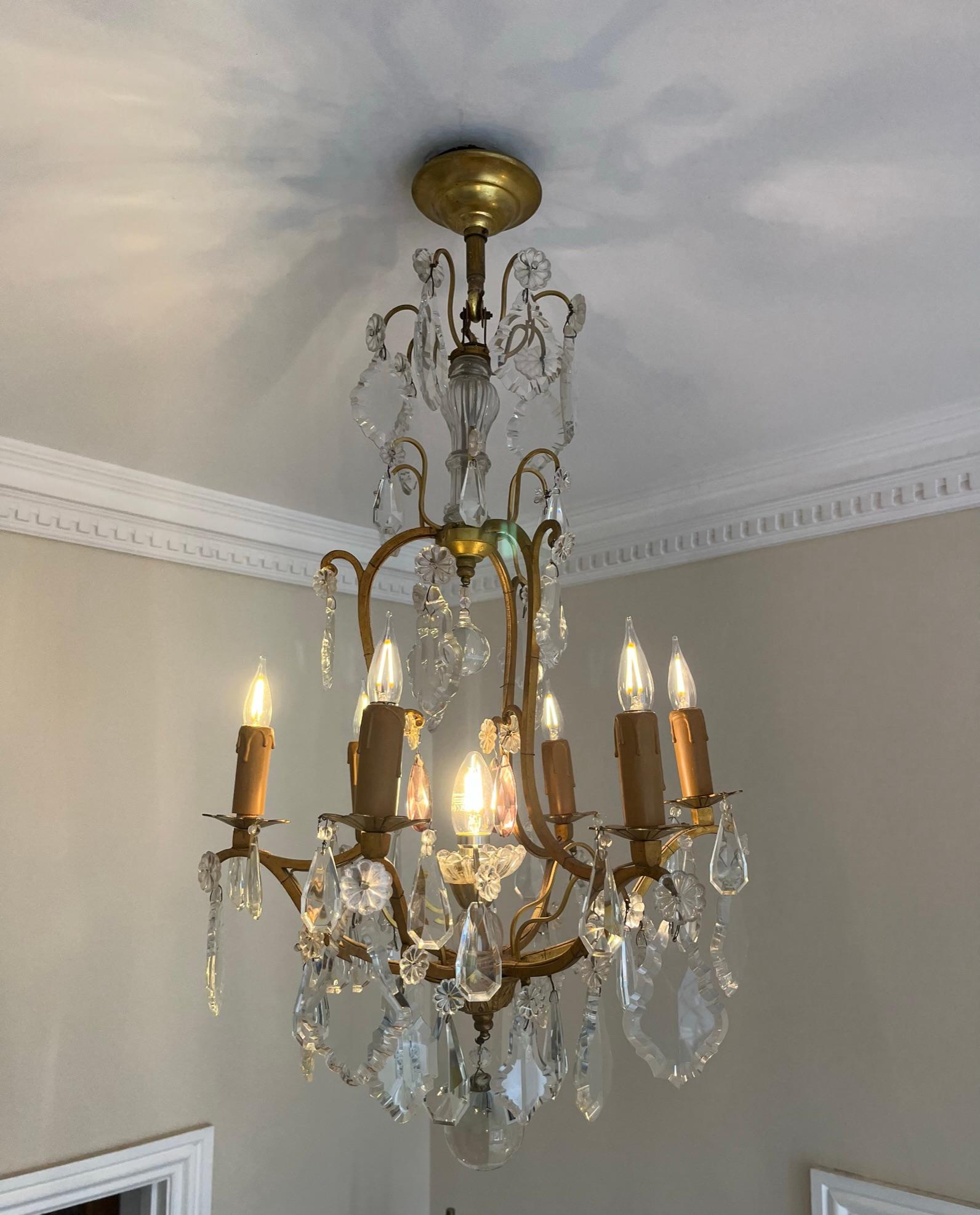 Gilt French 1950’s gilt metal and glass chandelier  For Sale