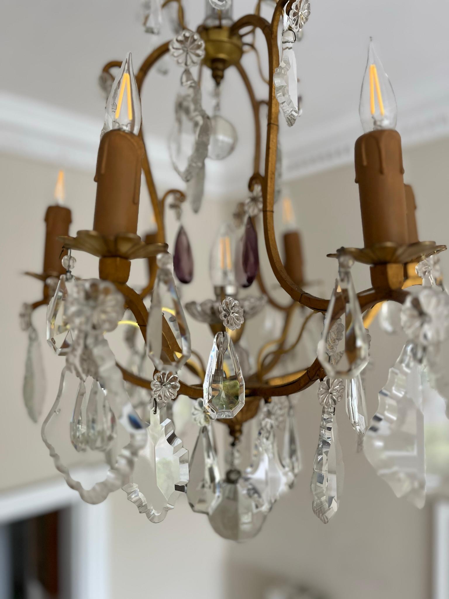 Mid-20th Century French 1950’s gilt metal and glass chandelier  For Sale