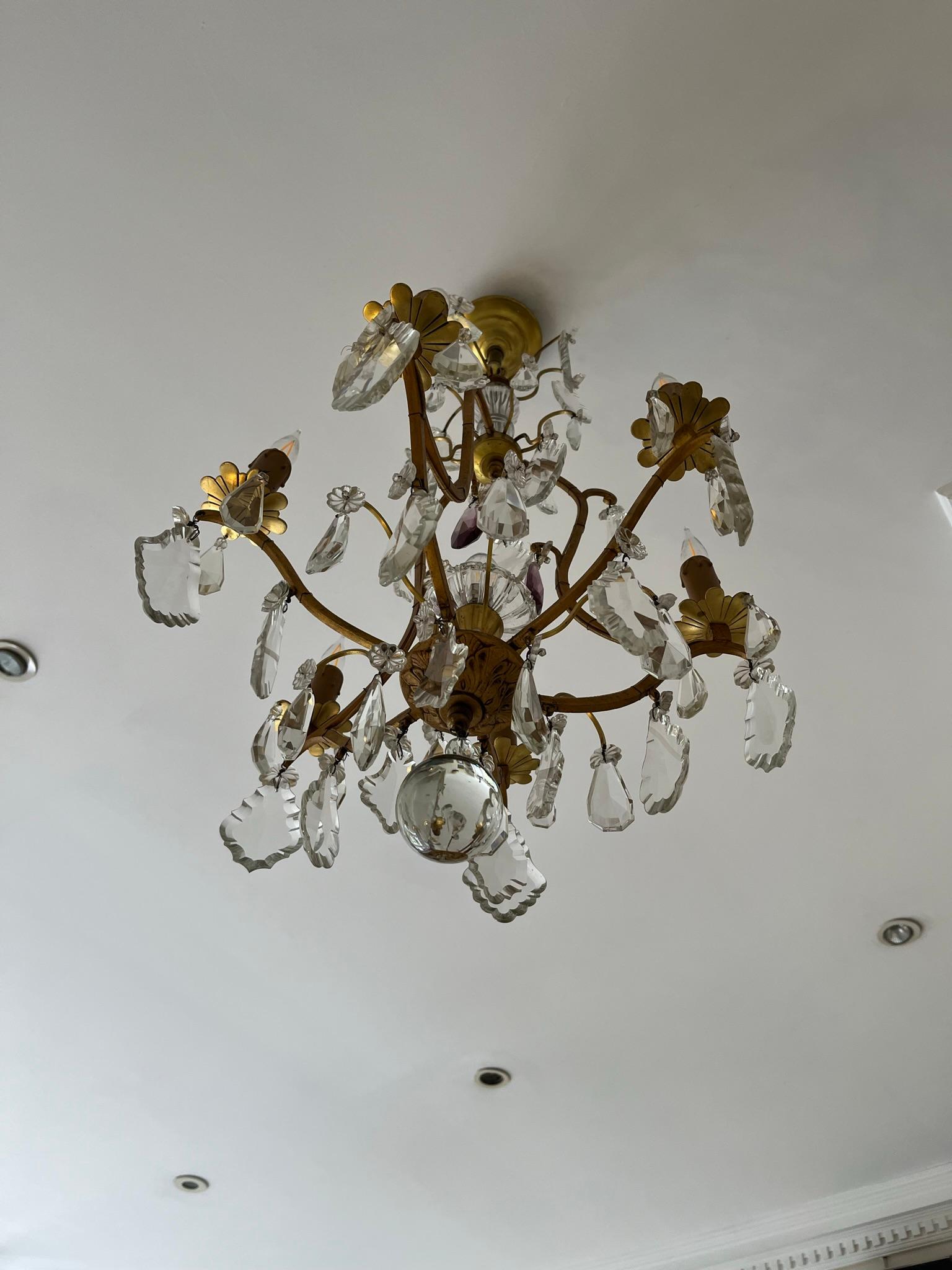 Brass French 1950’s gilt metal and glass chandelier  For Sale