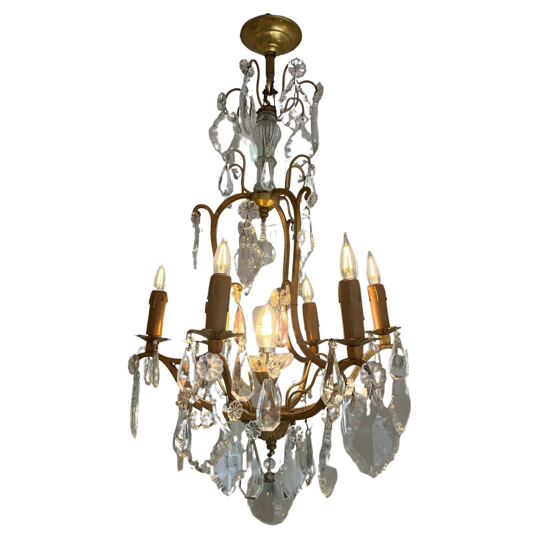 French 1950’s gilt metal and glass chandelier  For Sale