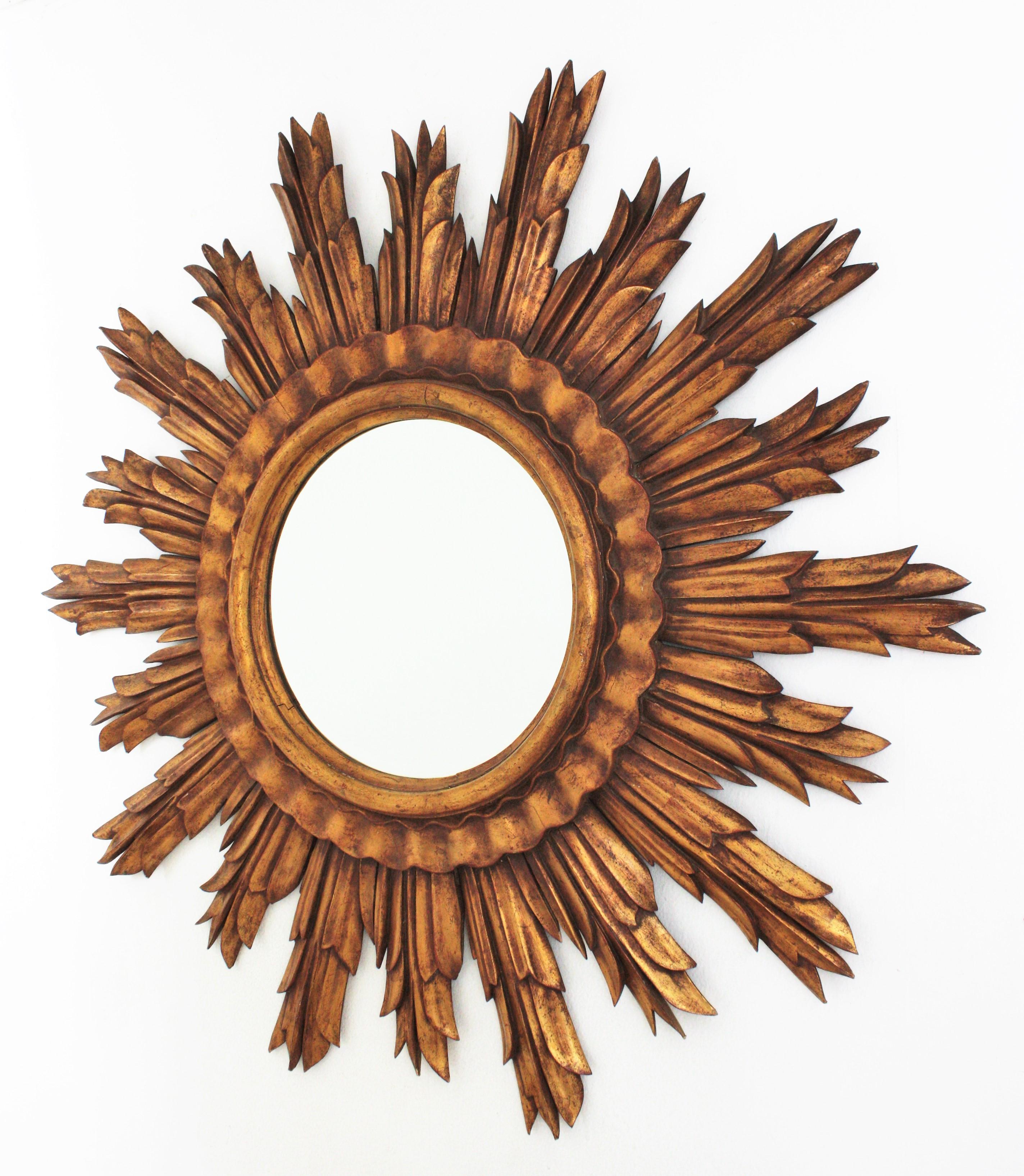 Large Gilt XXL Sunburst Mirror in Carved Wood, France, 1950s For Sale 5