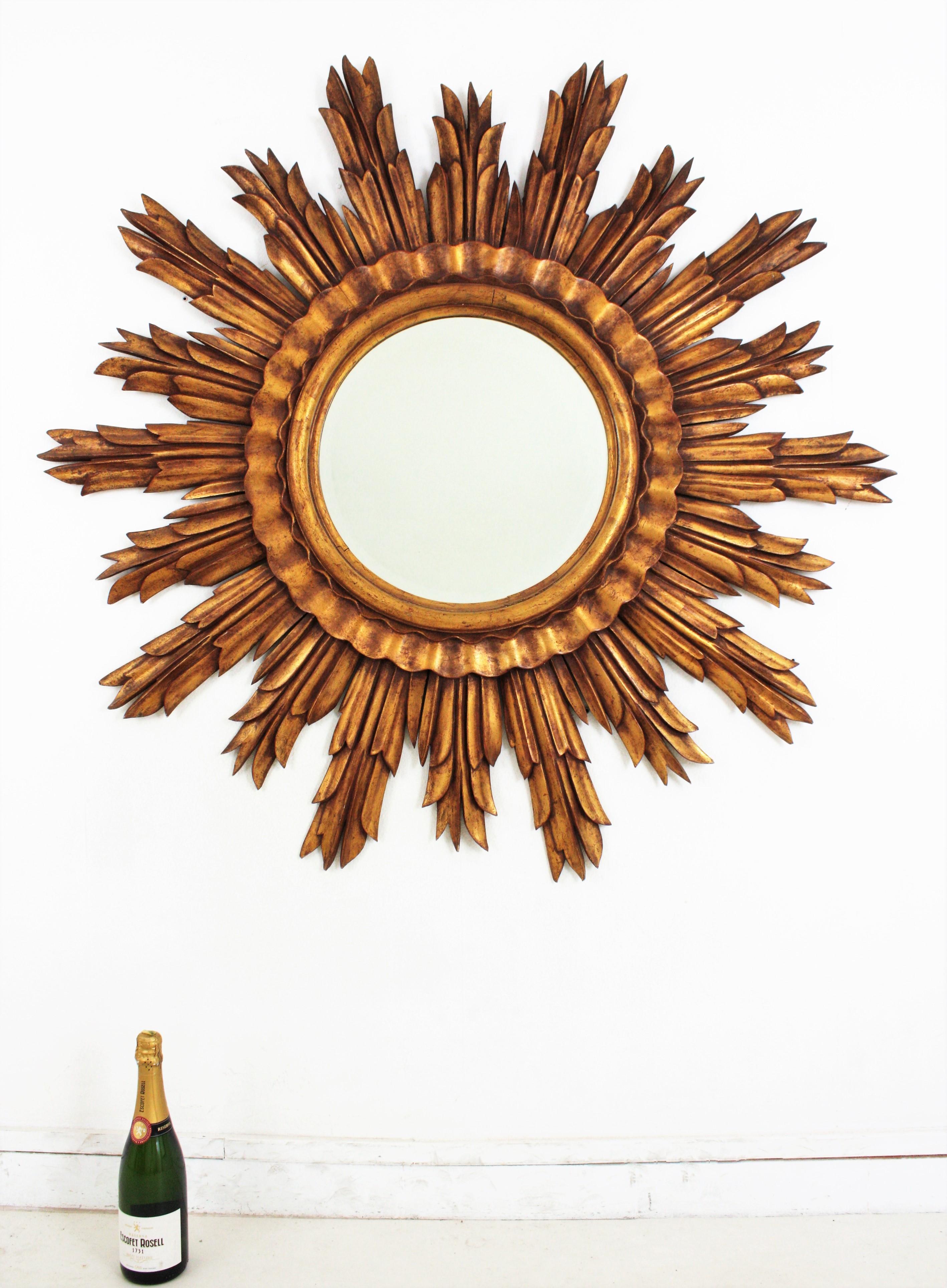 Mid-Century Modern Large Gilt XXL Sunburst Mirror in Carved Wood, France, 1950s For Sale