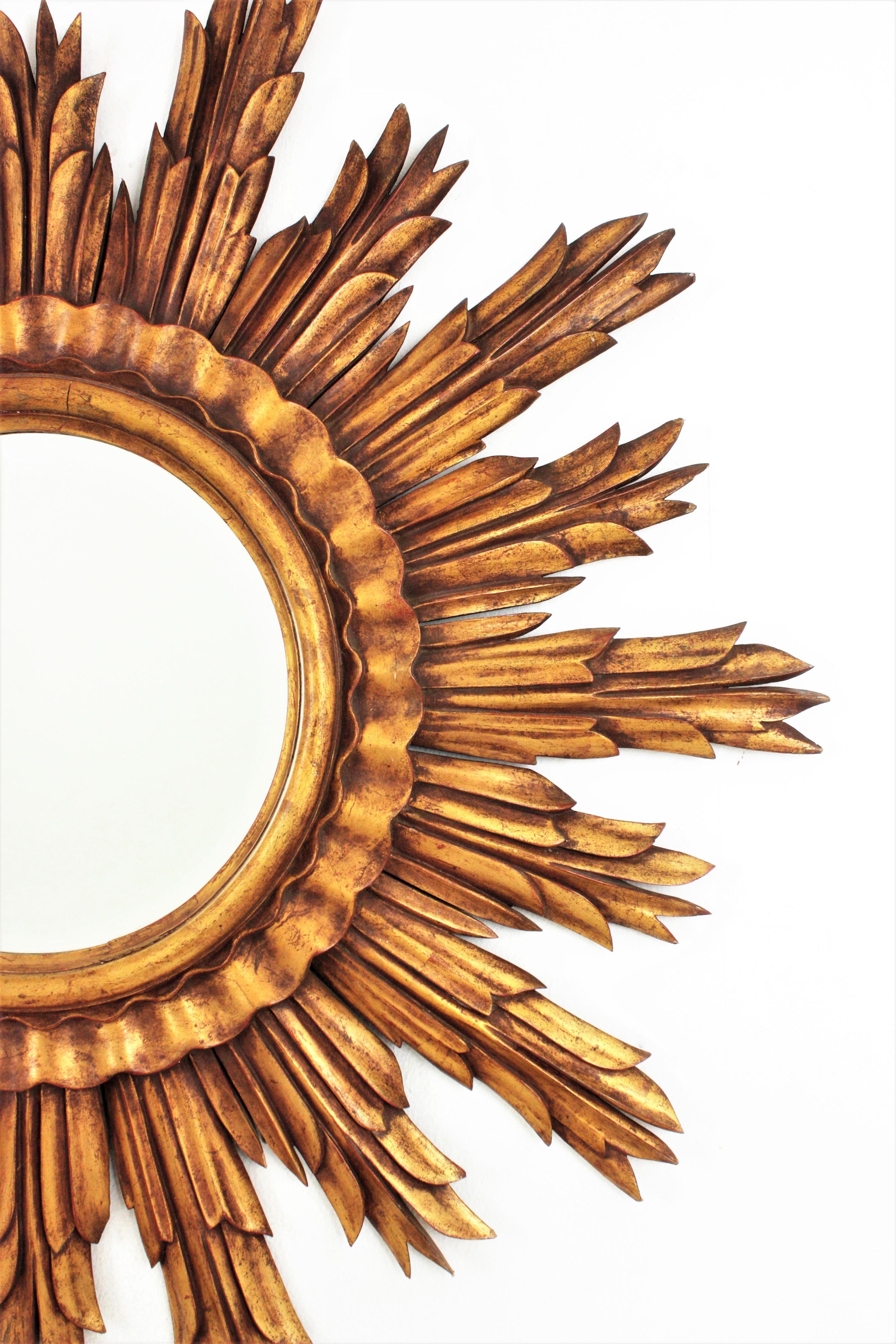 Large Gilt XXL Sunburst Mirror in Carved Wood, France, 1950s For Sale 1