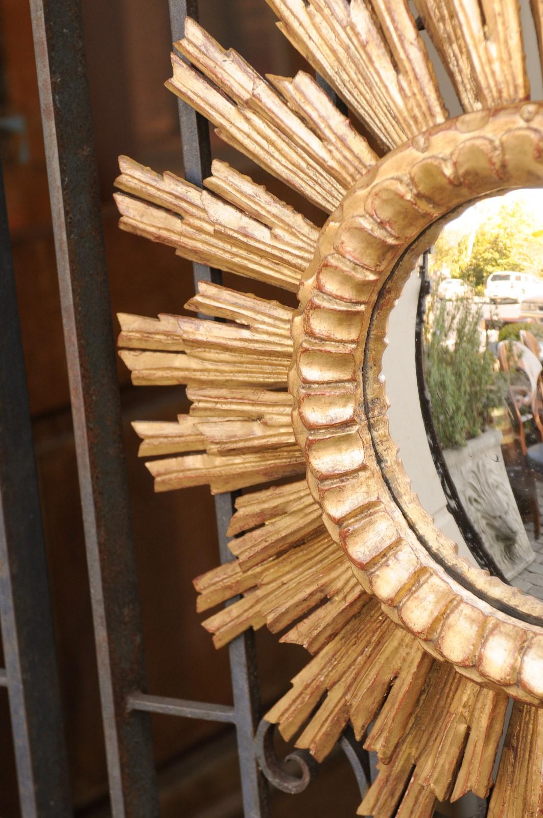 20th Century French 1950s Giltwood Two-Layered Sunburst Mirror with Convex Mirror Plate