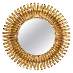 French 1950s Gold Leaf Gilt Iron Hand-Hammered Eyelash Round Sunburst Mirror