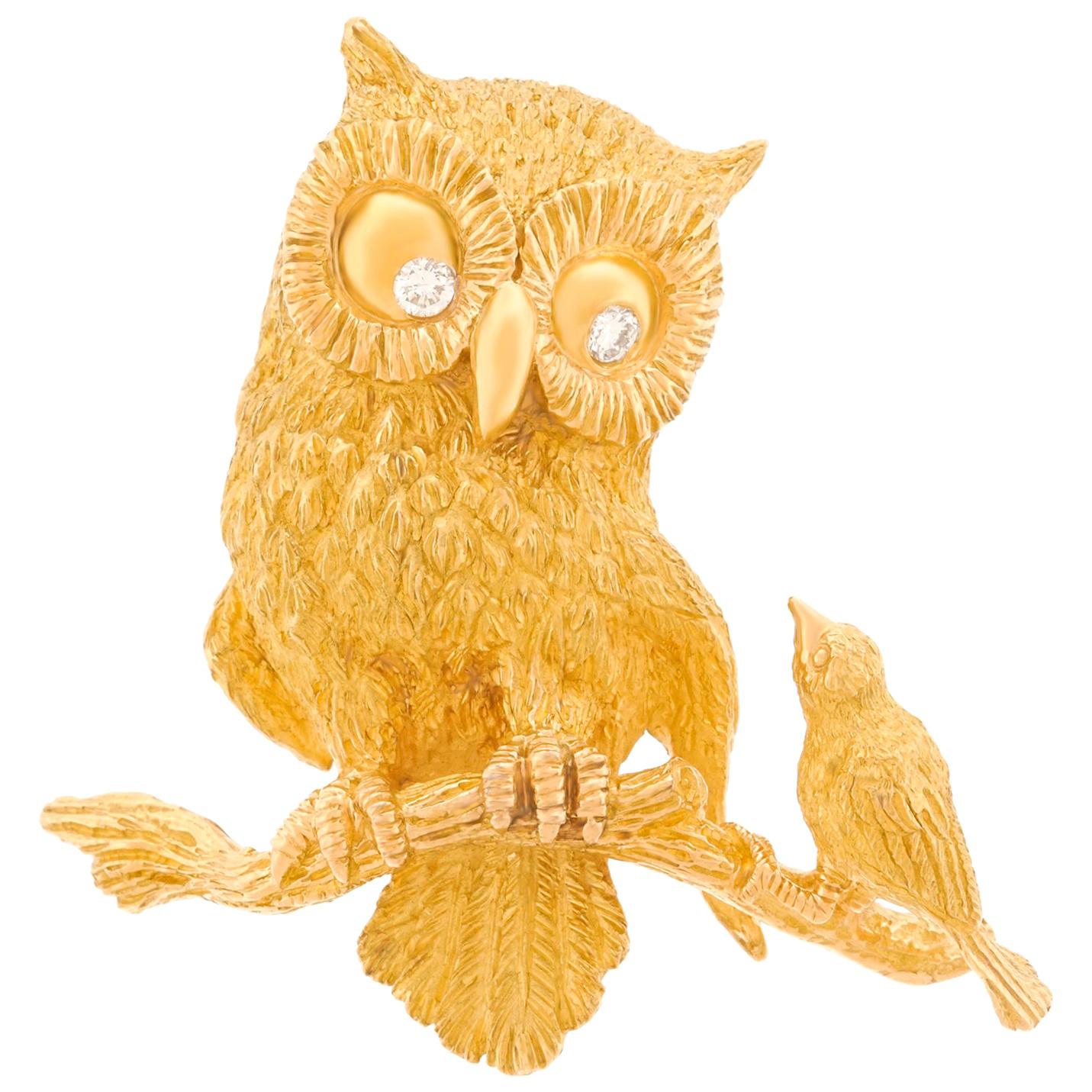 French 1950s Gold Owl and Bird Brooch