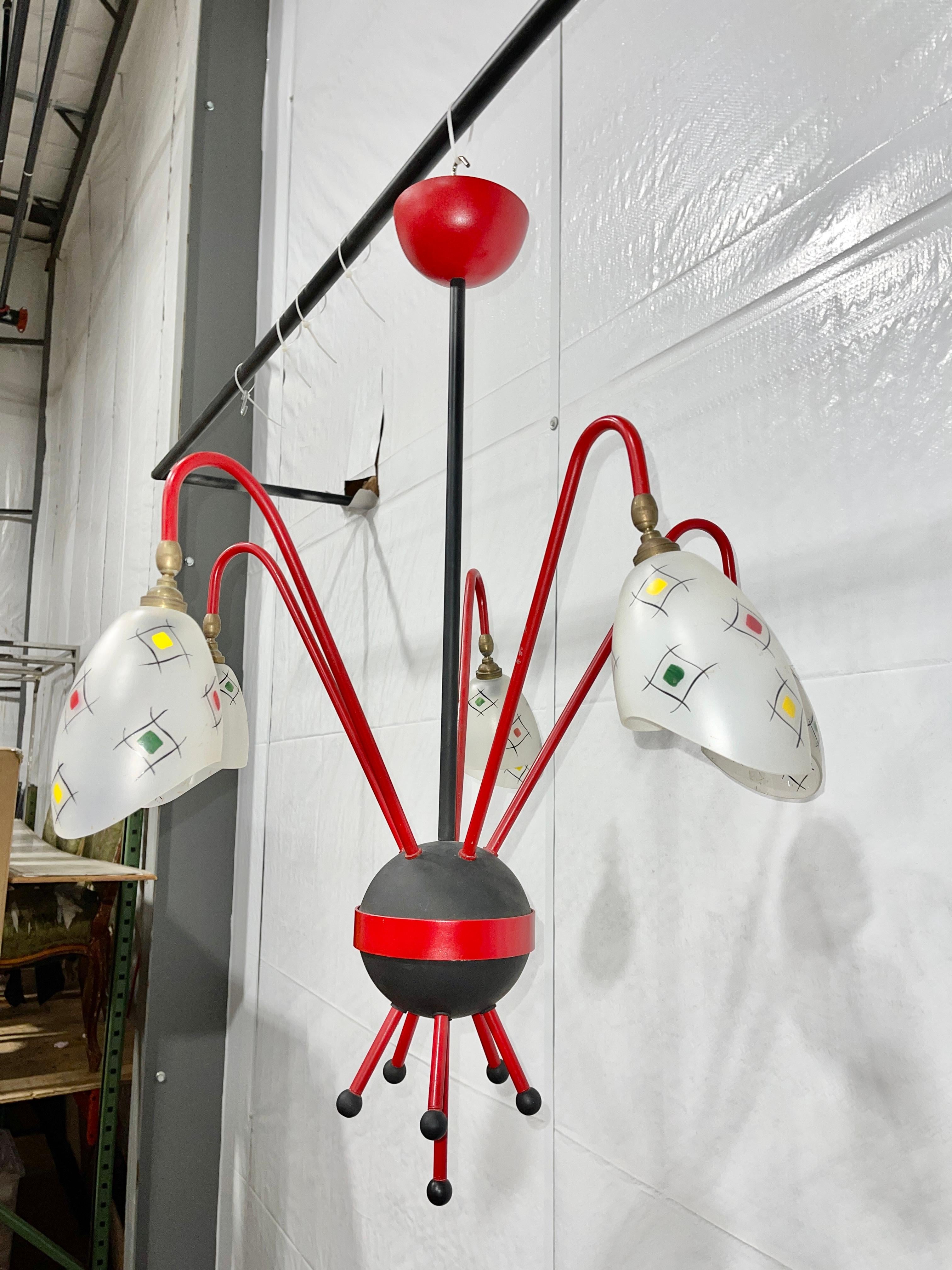 French 1950s Googie Atomic Chandelier In Good Condition For Sale In Hanover, MA